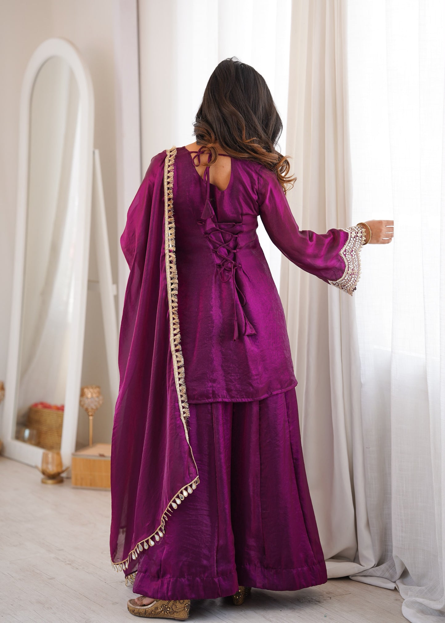 Women's Embroidered Fendy Silk Sharara Palazzo Set with Dupatta