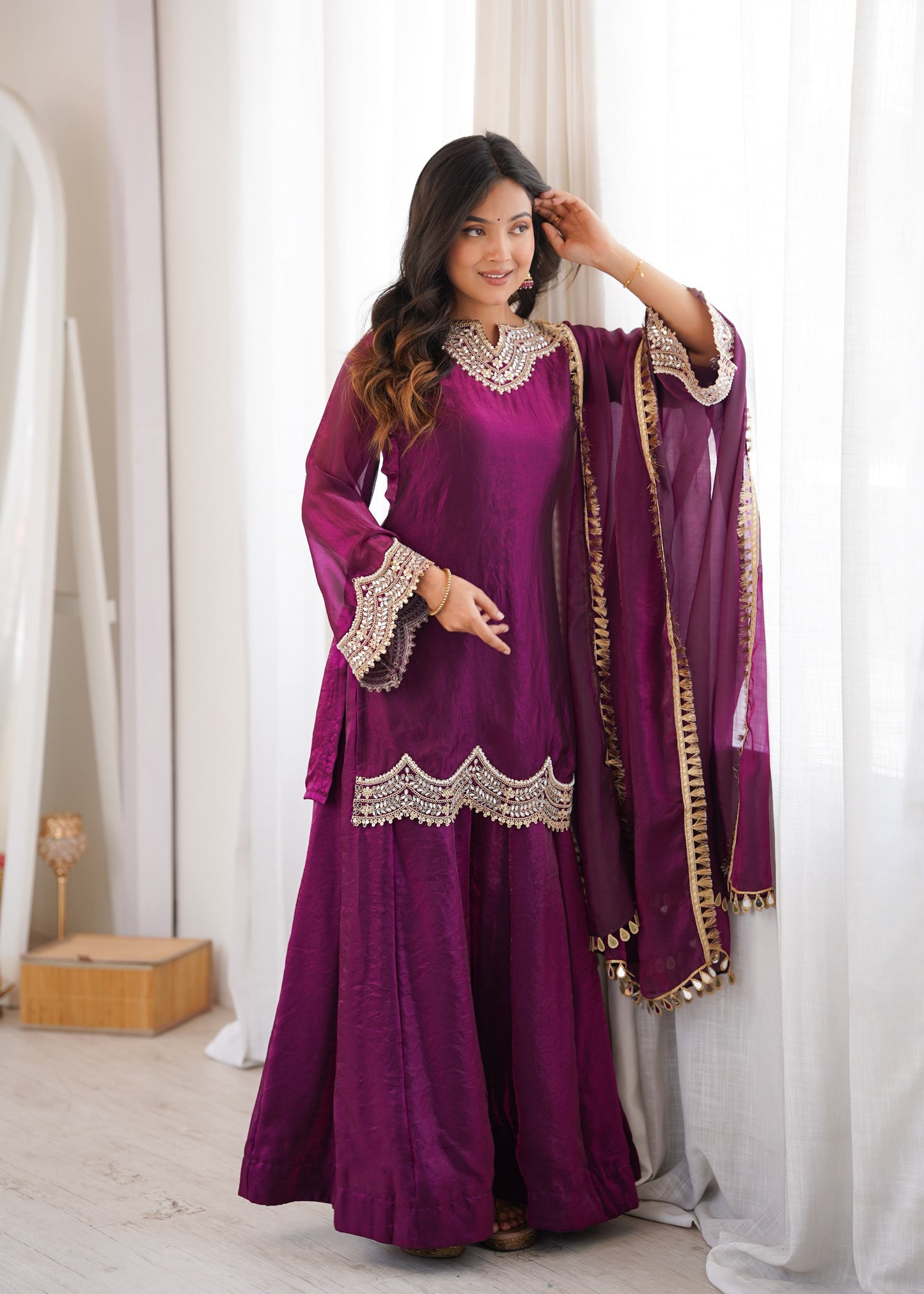 Women's Embroidered Fendy Silk Sharara Palazzo Set with Dupatta