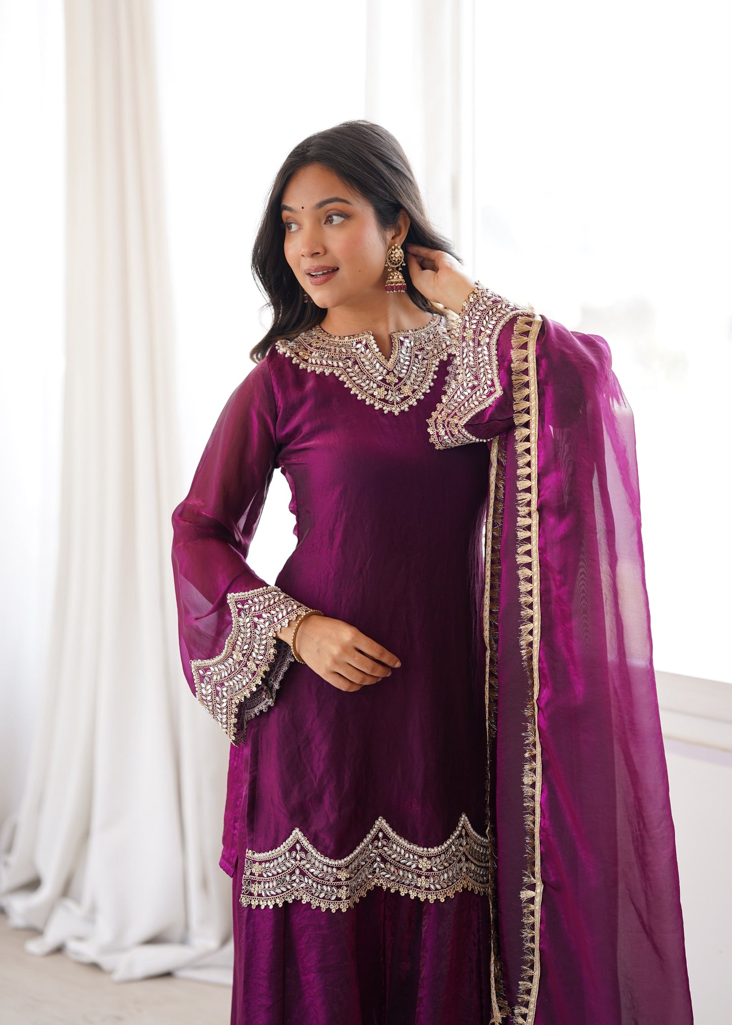 Women's Embroidered Fendy Silk Sharara Palazzo Set with Dupatta