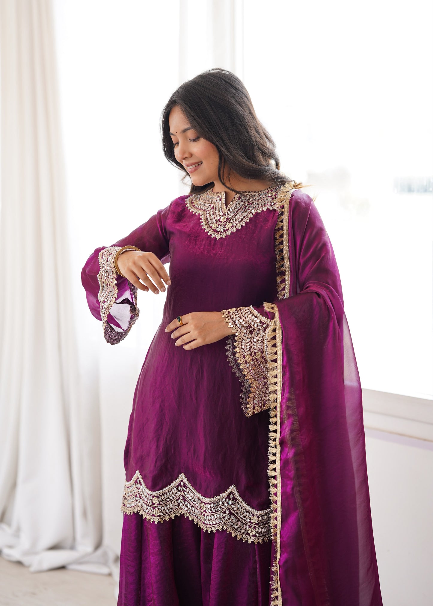 Women's Embroidered Fendy Silk Sharara Palazzo Set with Dupatta