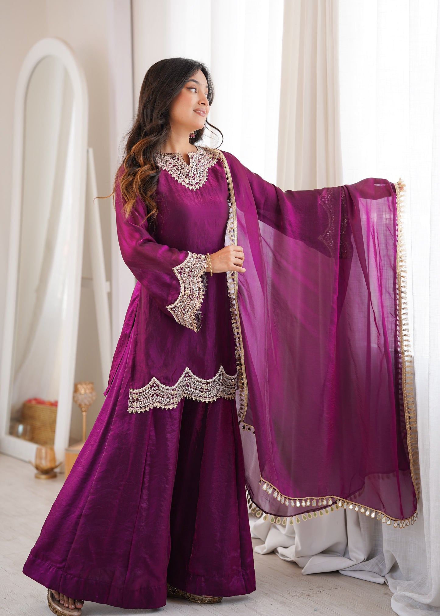 Women's Embroidered Fendy Silk Sharara Palazzo Set with Dupatta