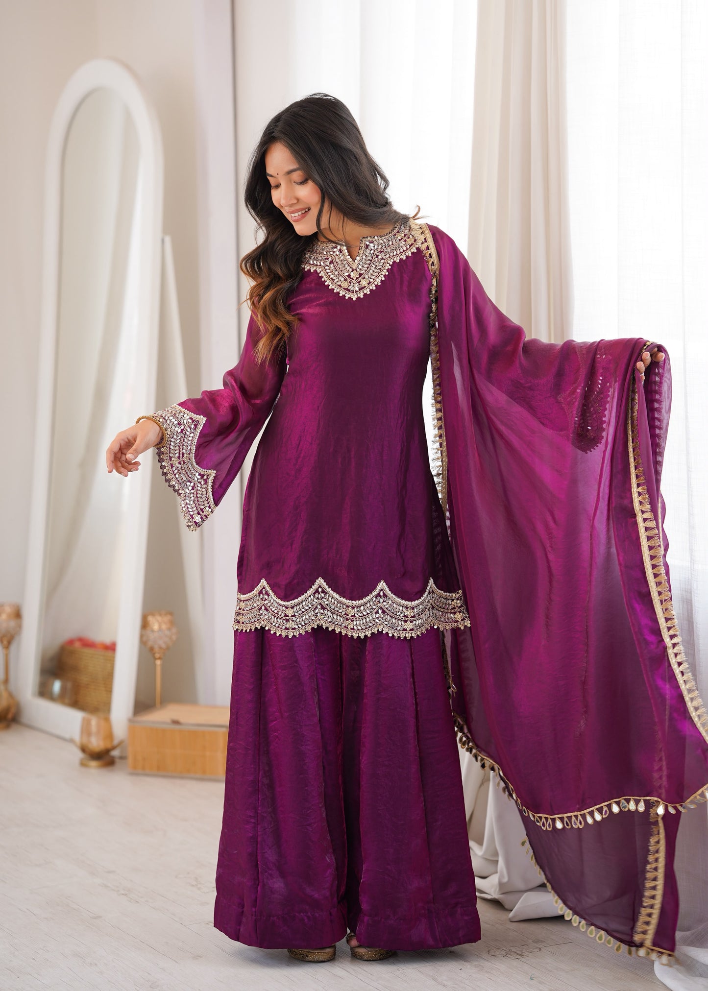 Women's Embroidered Fendy Silk Sharara Palazzo Set with Dupatta