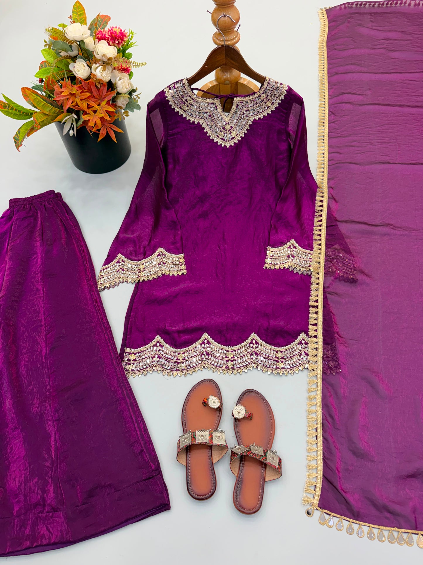 Women's Embroidered Fendy Silk Sharara Palazzo Set with Dupatta