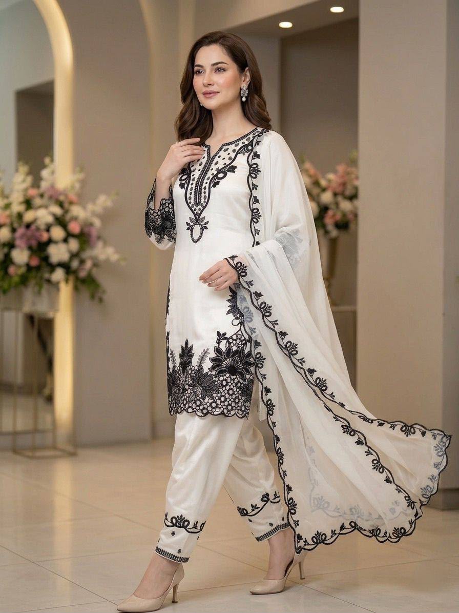 Women's Sequence Embroidered Glass Roman Farshi Salwar Suit Set with Organza Dupatta