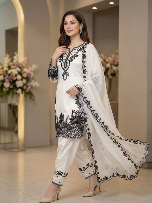 Women's Sequence Embroidered Glass Roman Farshi Salwar Suit Set with Organza Dupatta