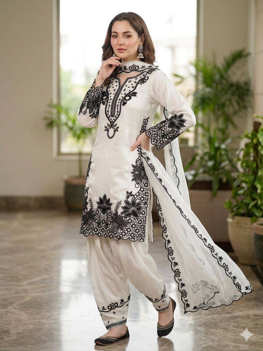 Women's Sequence Embroidered Glass Roman Farshi Salwar Suit Set with Organza Dupatta