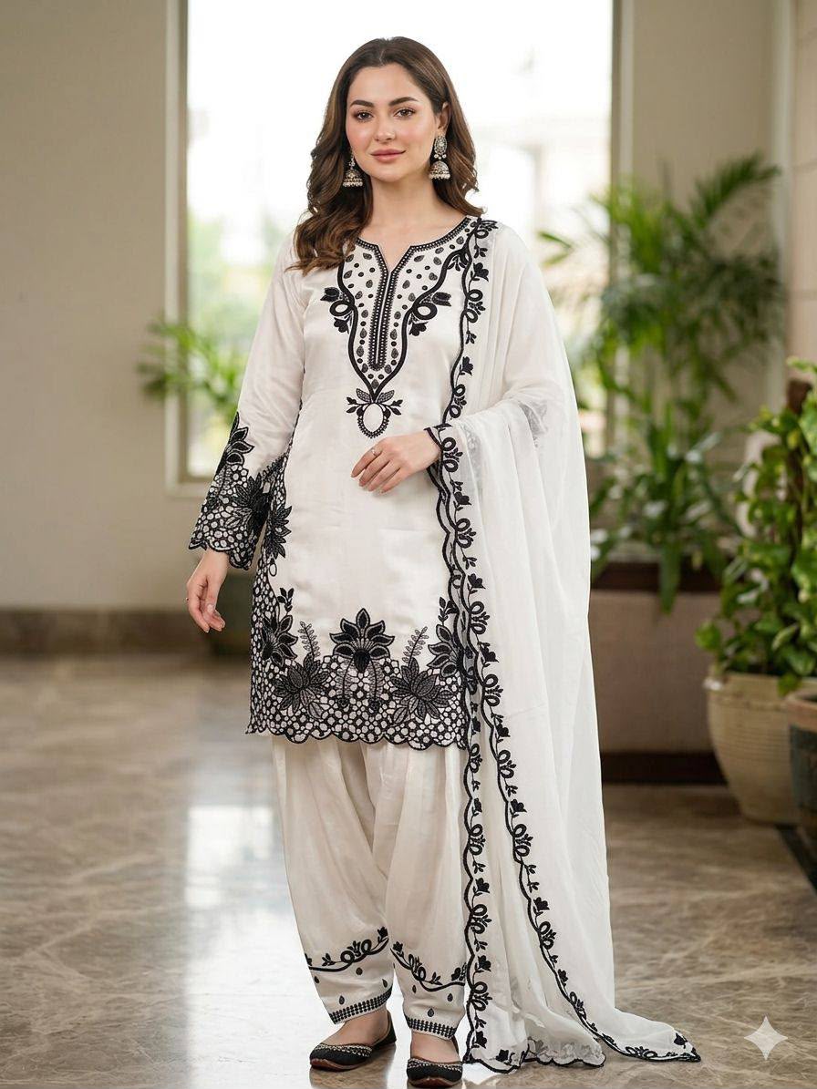 Women's Sequence Embroidered Glass Roman Farshi Salwar Suit Set with Organza Dupatta