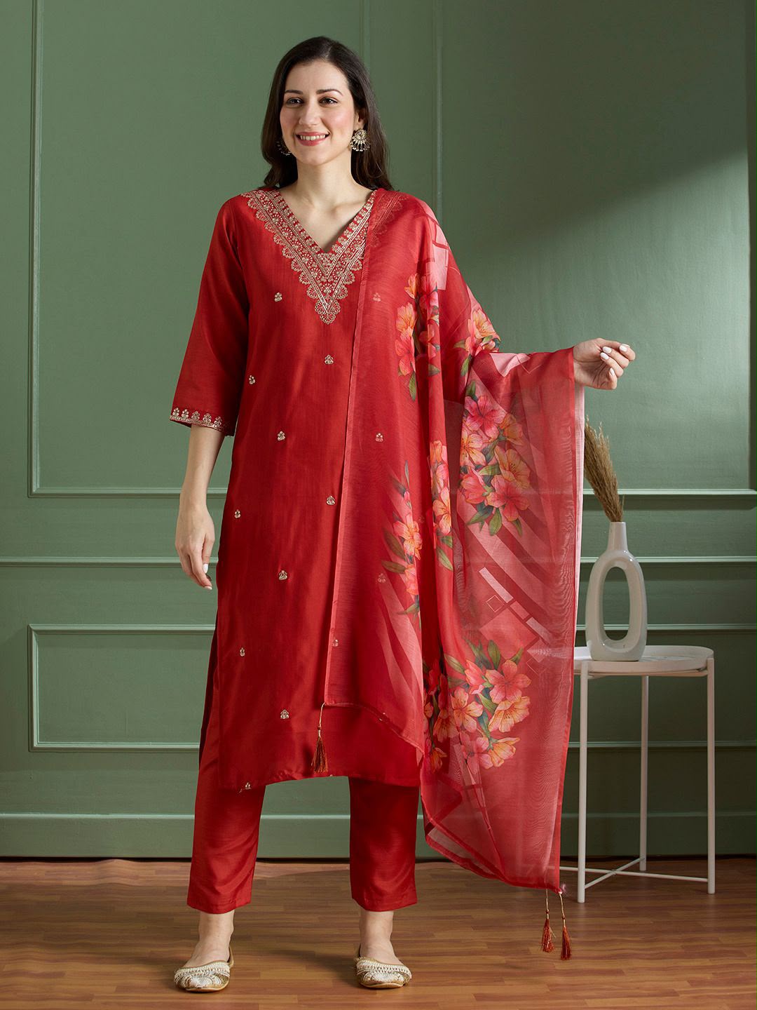 Apolyte Women's Rayon Slub Embroidered Kurta Pant Set with Chanderi Digital Print Dupatta | Casual & Festive Wear