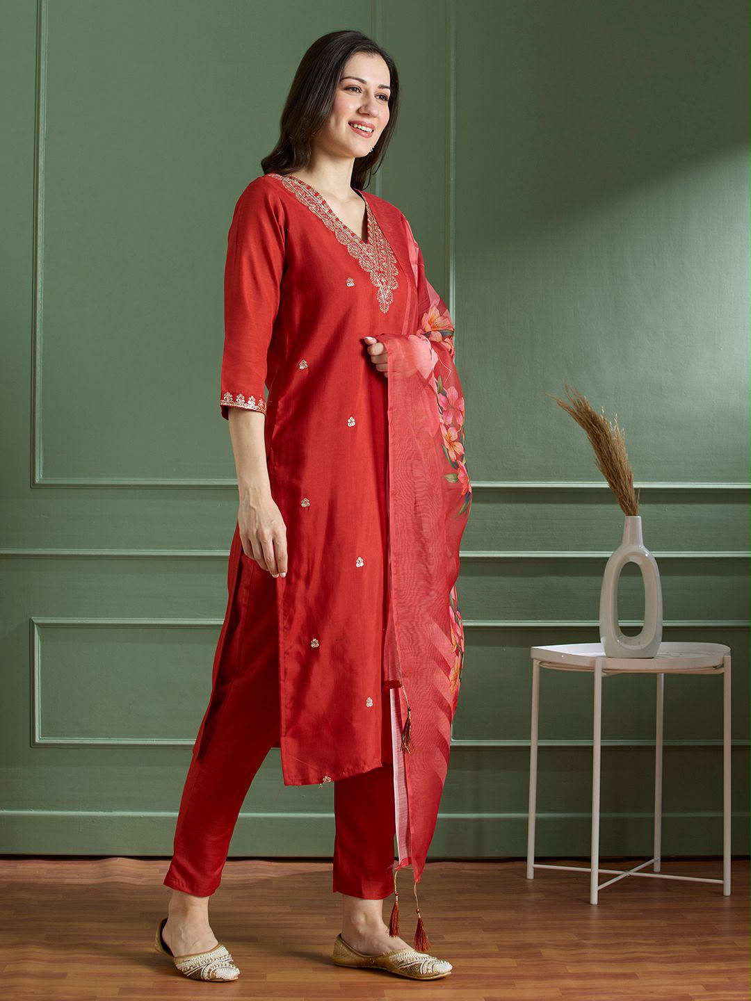 Apolyte Women's Rayon Slub Embroidered Kurta Pant Set with Chanderi Digital Print Dupatta | Casual & Festive Wear
