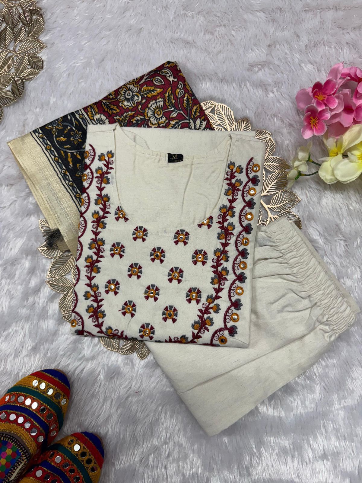 Apolyte Women's Khadi Cotton Embroidered Kurta Pant Set with Bhagalpuri Khadi Print Dupatta | Daily & Office Wear