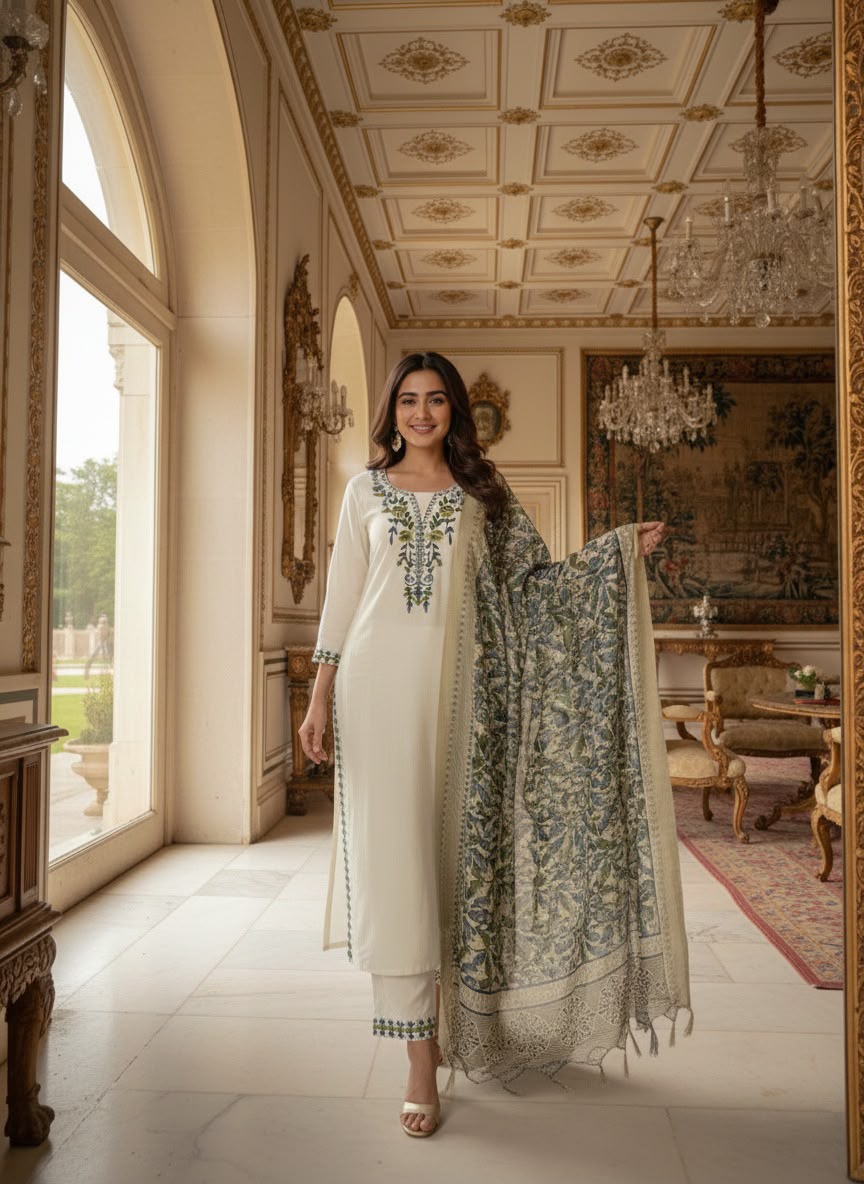 Apolyte Women's Khadi Cotton Embroidered Kurta Pant Set with Bhagalpuri Khadi Print Dupatta | Casual, Office & Festive Wear