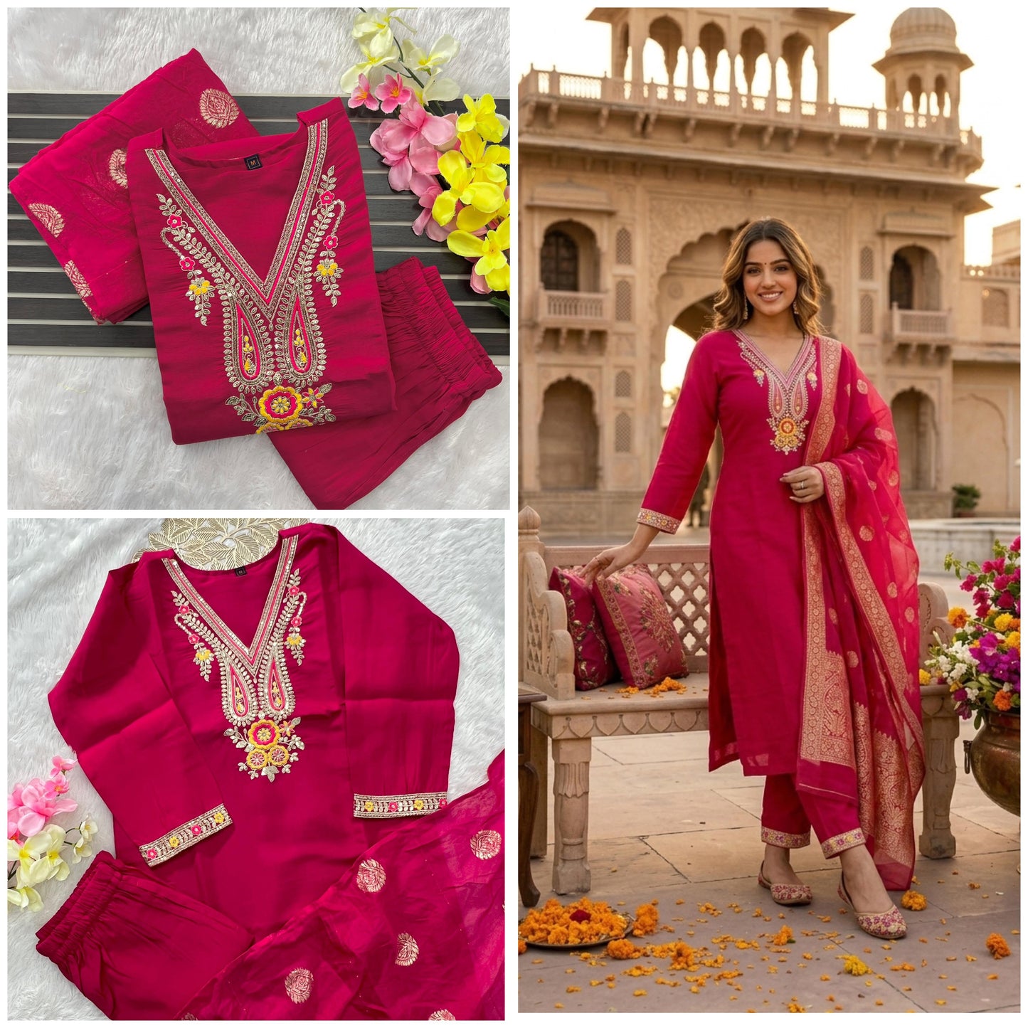 Apolyte Women's Rani Pink Roman Silk Embroidered Kurta Pant Set with Cotton Silk Zari Dupatta | Party & Festive Wear
