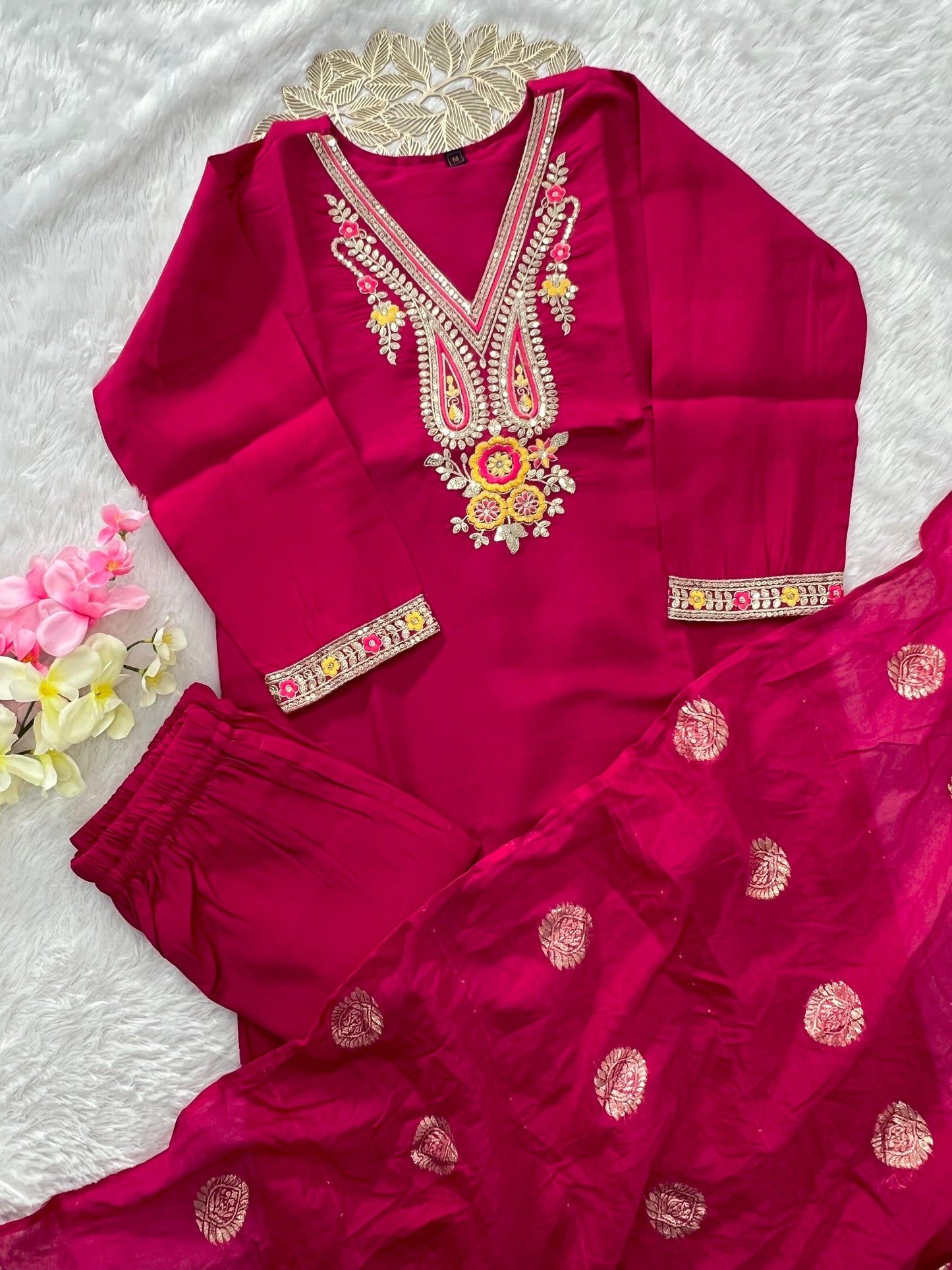 Apolyte Women's Rani Pink Roman Silk Embroidered Kurta Pant Set with Cotton Silk Zari Dupatta | Party & Festive Wear