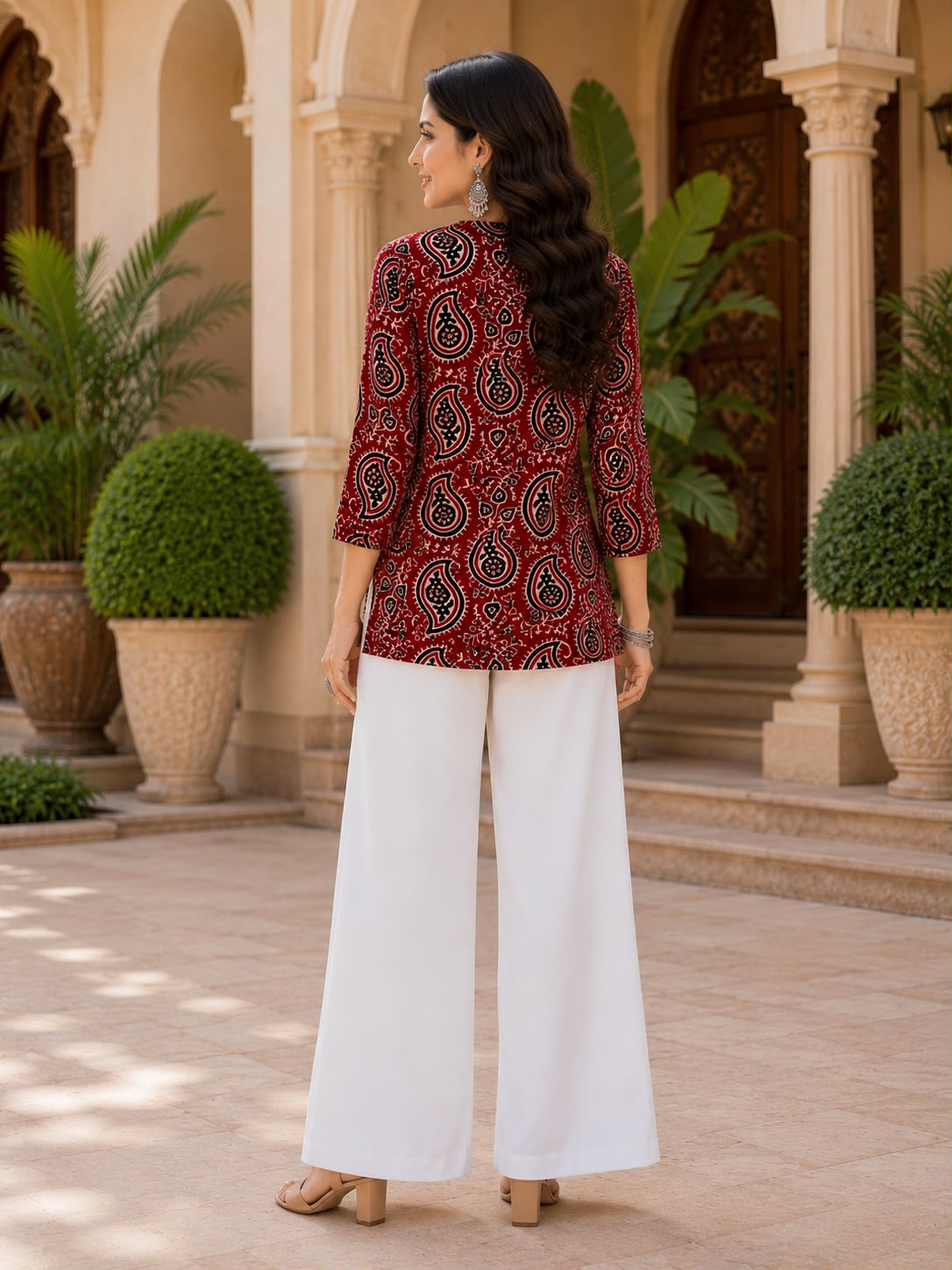 Women's Maroon Rayon Slub Mango Print Co-ord Set with Palazzo