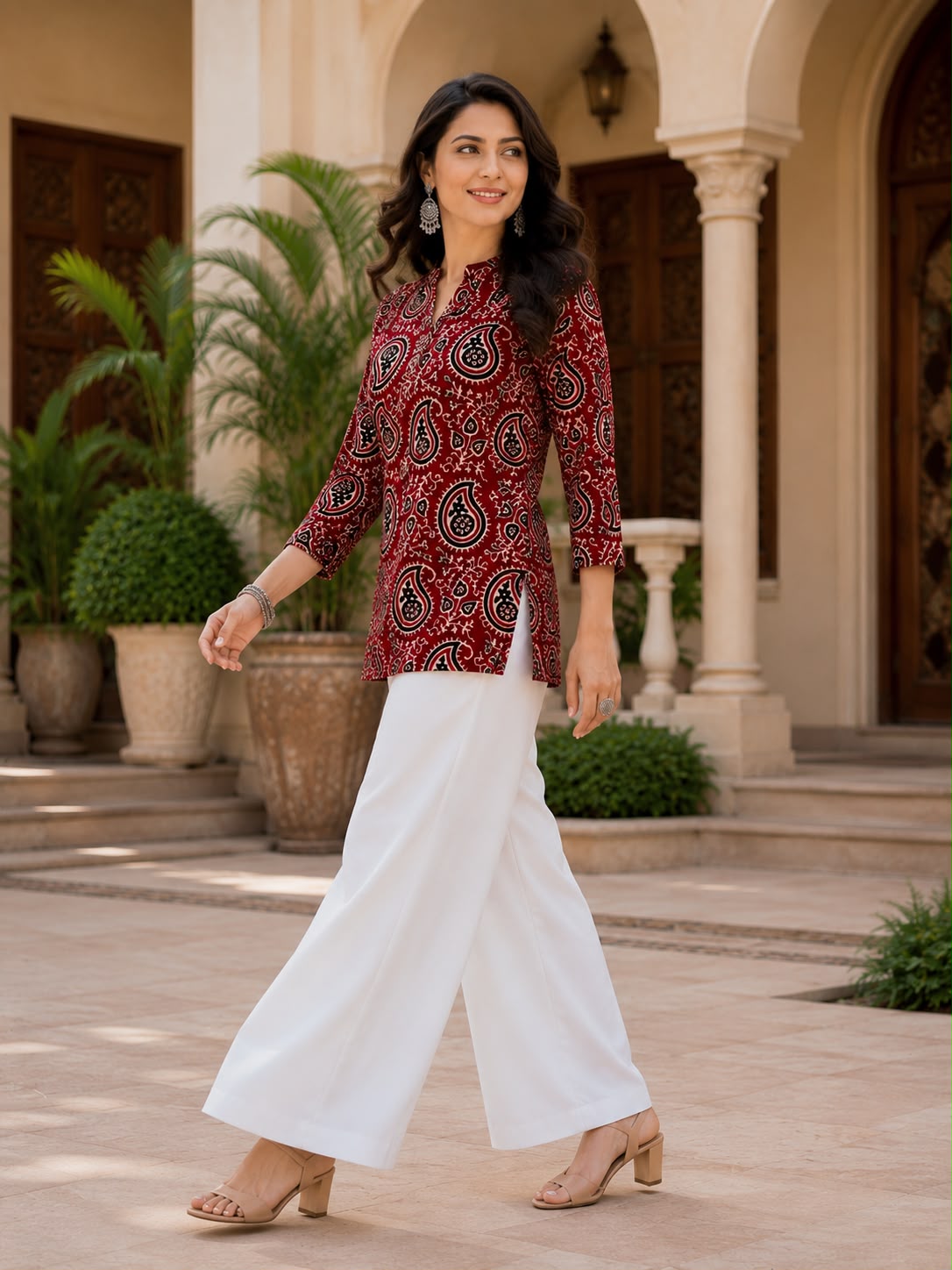 Women's Maroon Rayon Slub Mango Print Co-ord Set with Palazzo