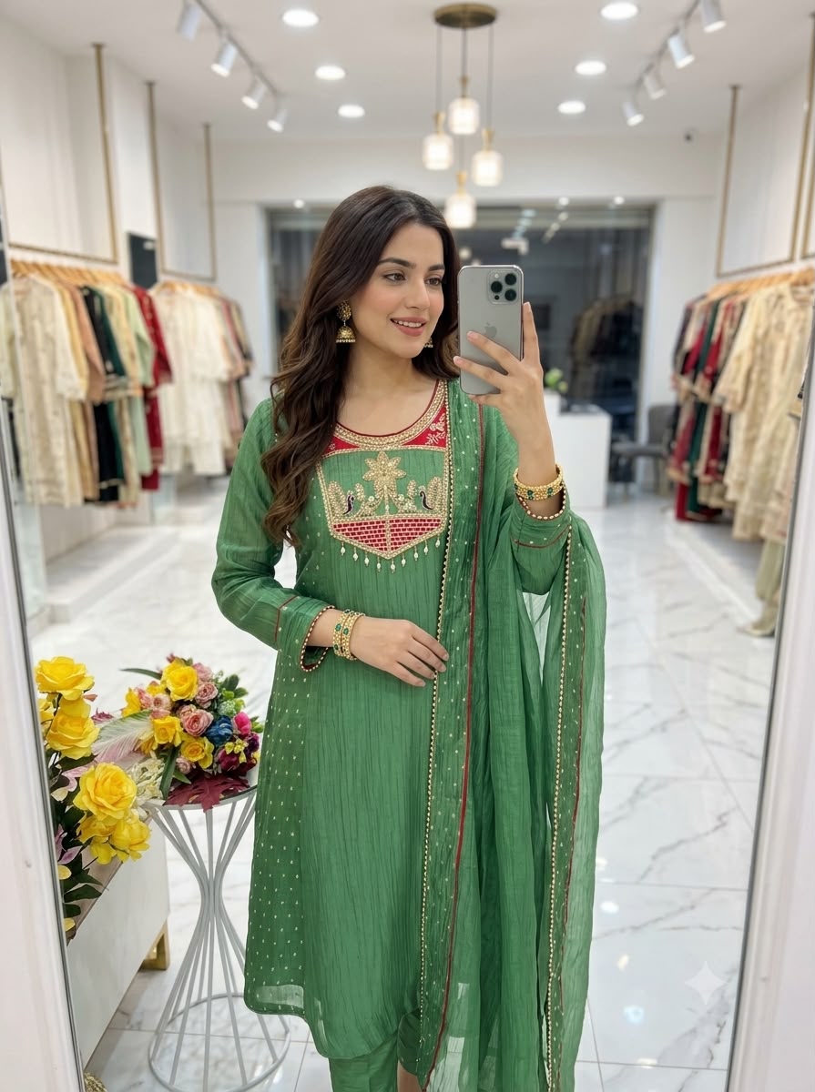 Women’s Green Embroidered Silk Kurta Set with Dupatta