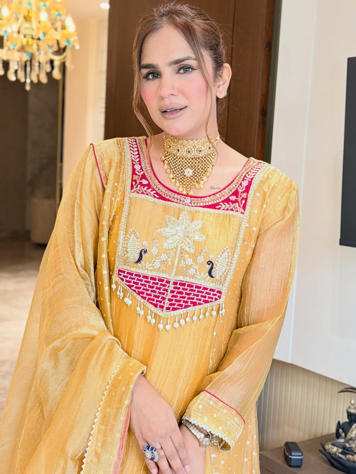 Women’s Mustard Embroidered Silk Kurta Set with Dupatta