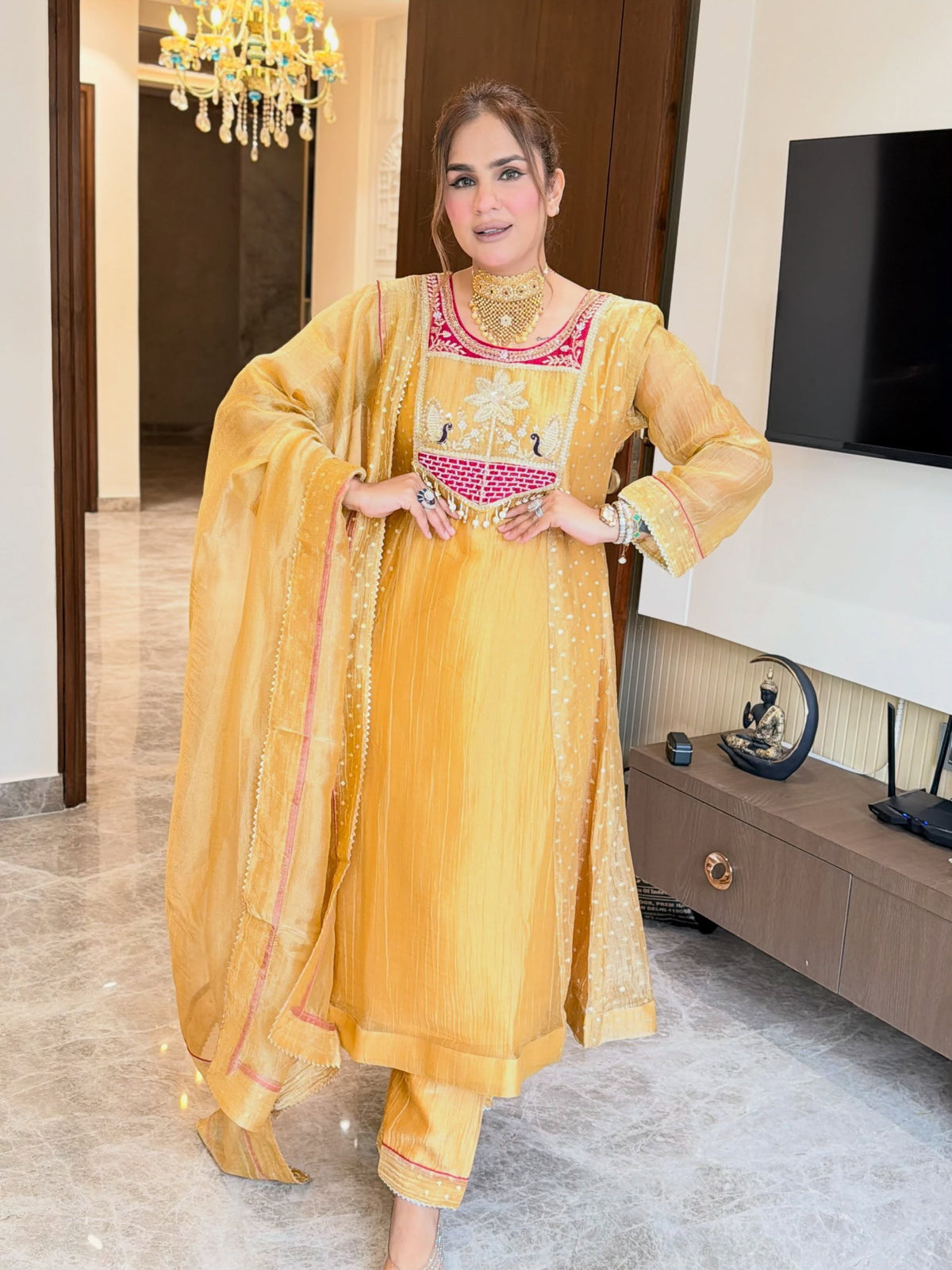 Women’s Mustard Embroidered Silk Kurta Set with Dupatta