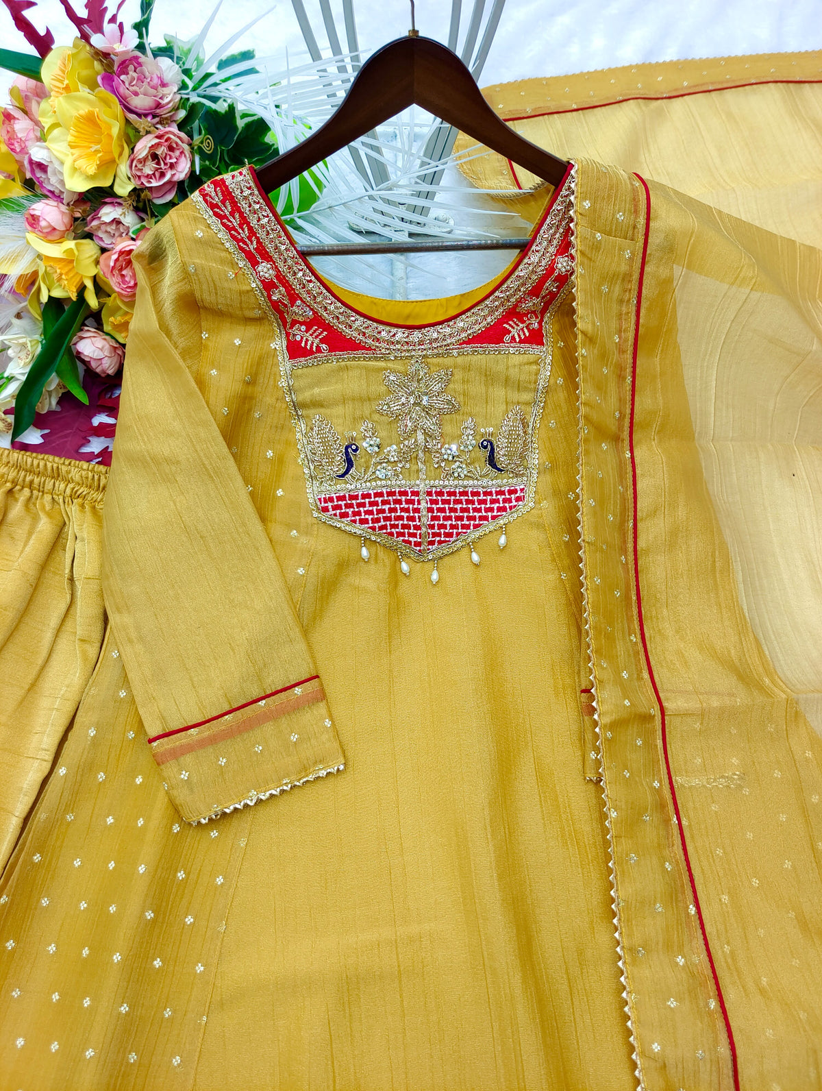 Women’s Mustard Embroidered Silk Kurta Set with Dupatta