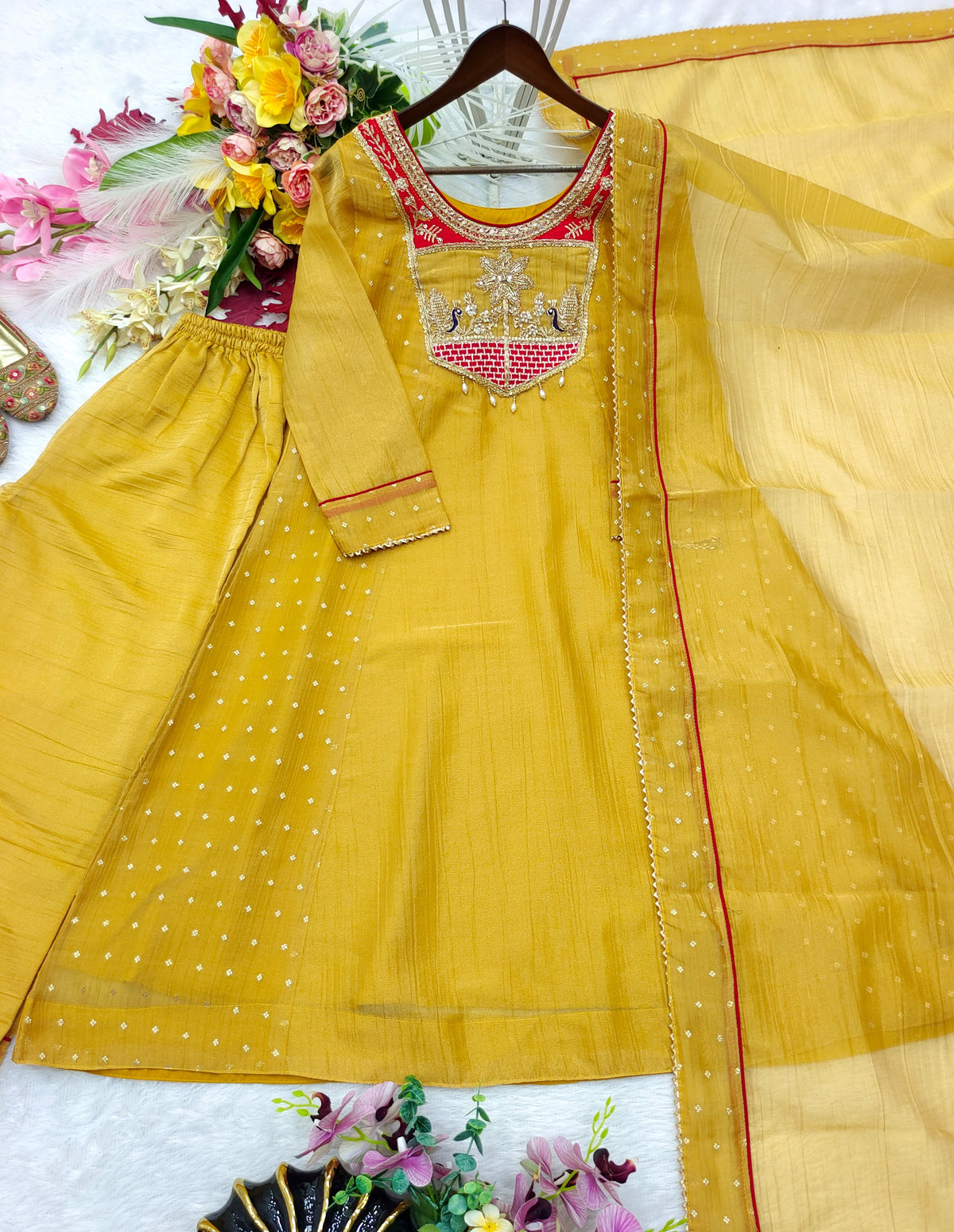 Women’s Mustard Embroidered Silk Kurta Set with Dupatta
