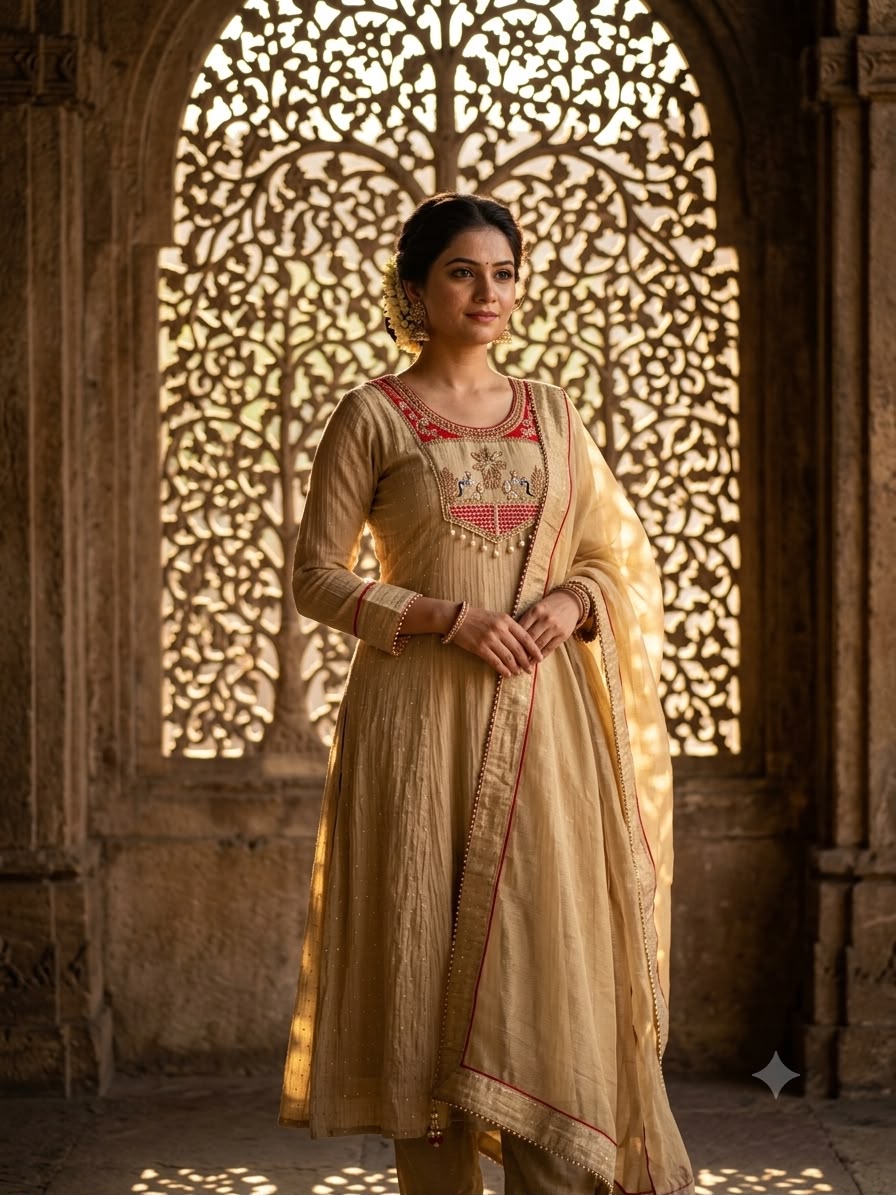 Women’s Beige Embroidered Silk Kurta Set with Dupatta