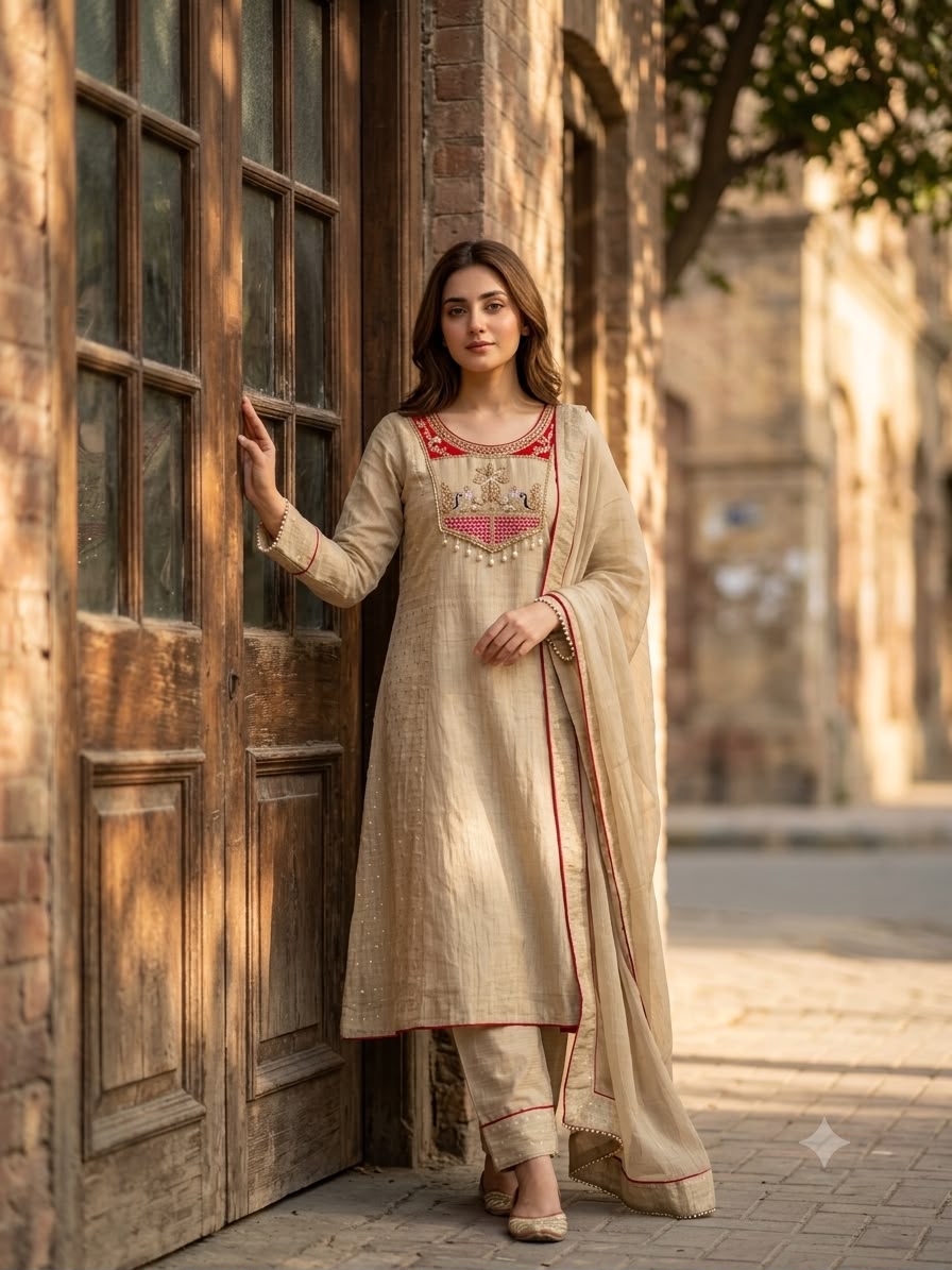 Women’s Beige Embroidered Silk Kurta Set with Dupatta