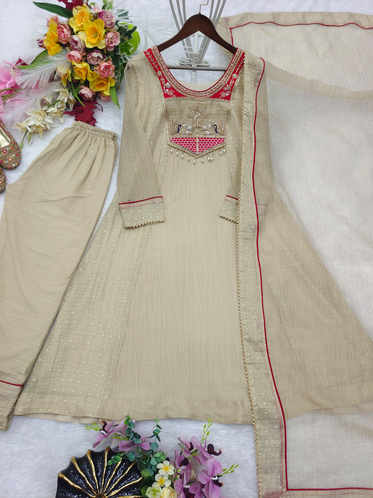Women’s Beige Embroidered Silk Kurta Set with Dupatta