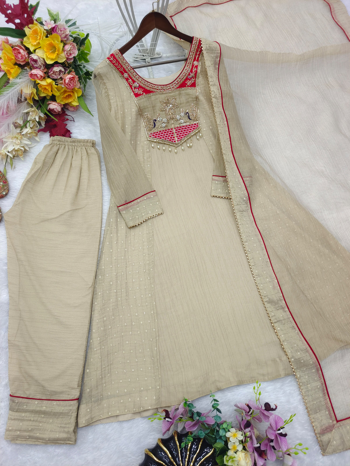 Women’s Beige Embroidered Silk Kurta Set with Dupatta
