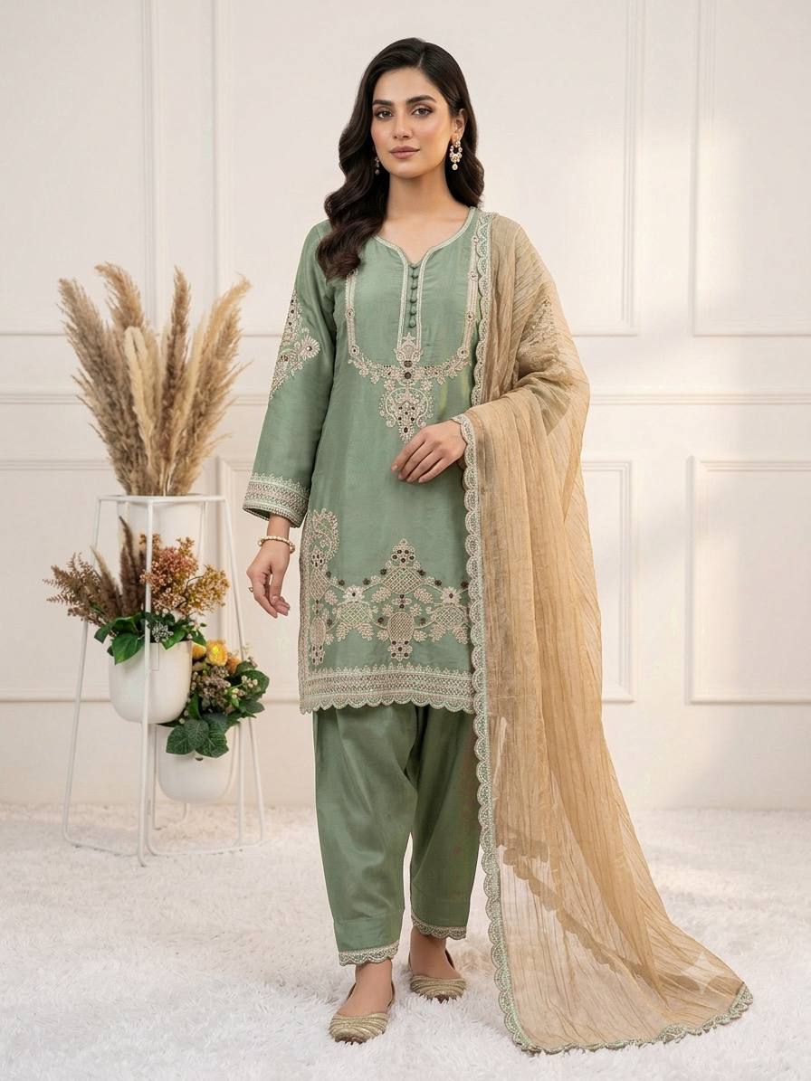 Apolyte Women's Glass Satin Embroidered Kurta Salwar Set with Dupatta | Designer Party & Wedding Wear
