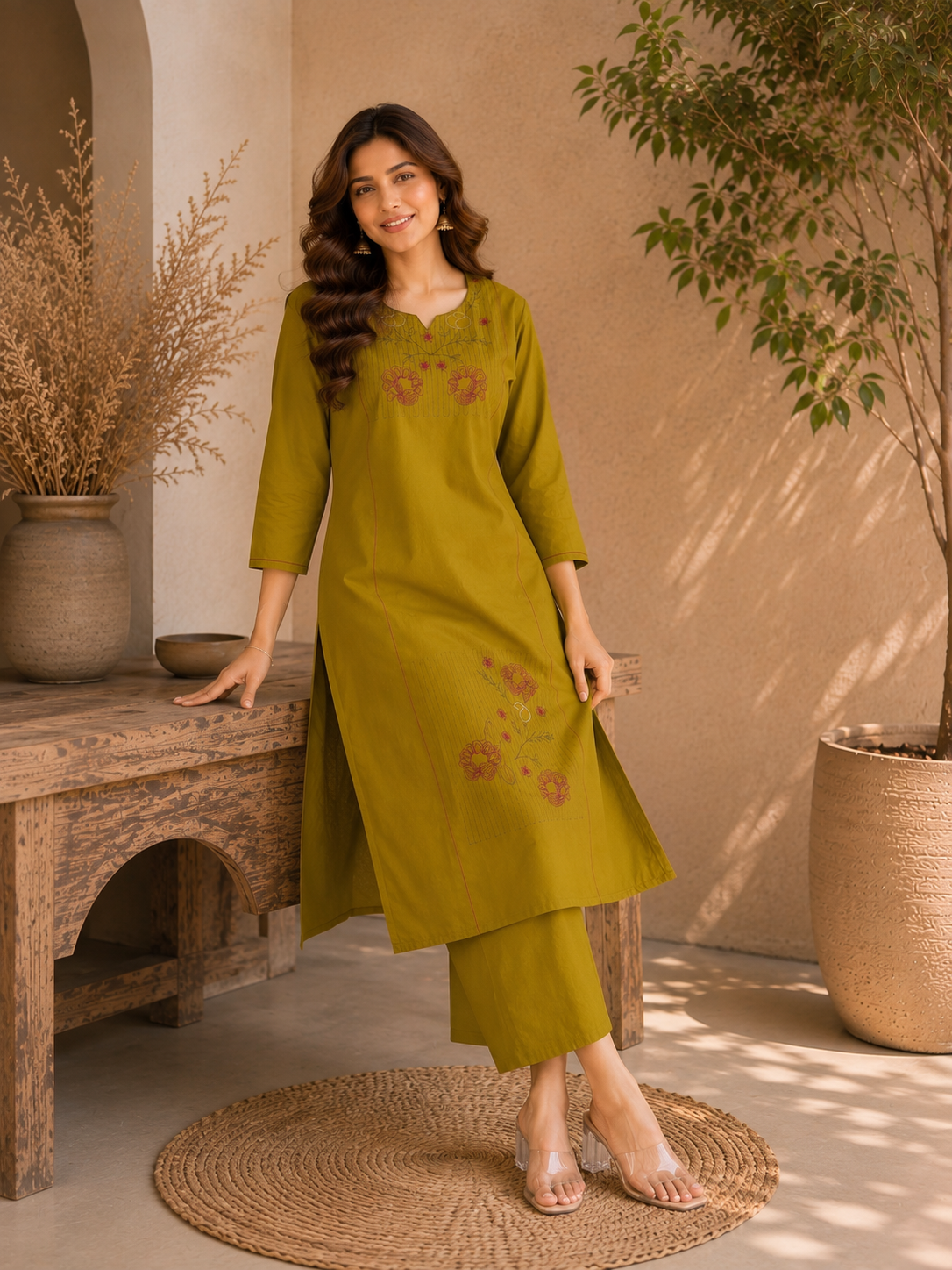 Apolyte Women's Hand Block Dhabu Print Cotton Kurta Set | Palazzo & Dupatta Ethnic Wear
