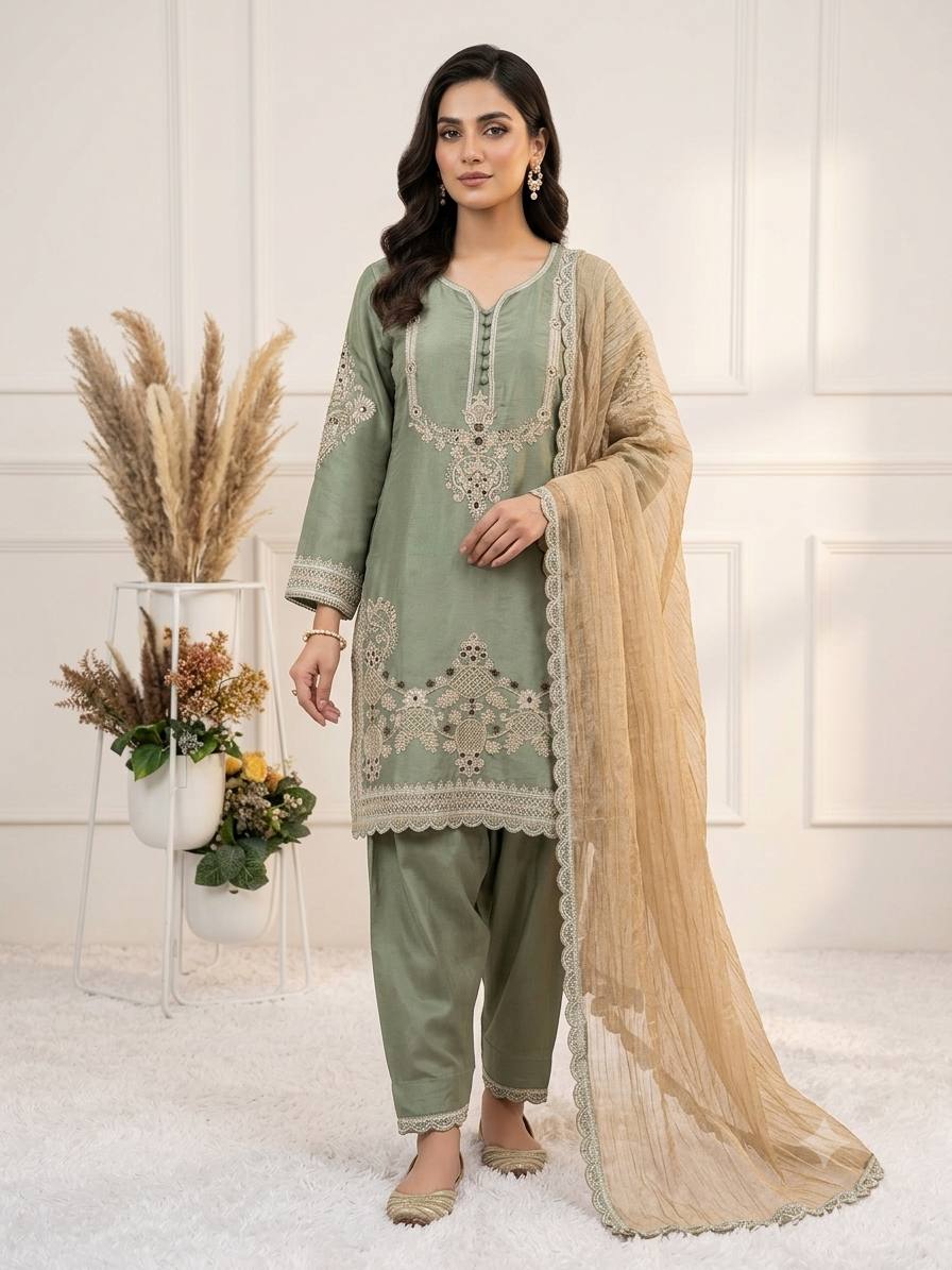 Apolyte Women's Glass Satin Embroidered Kurta Salwar Set with Dupatta | Designer Party & Wedding Wear