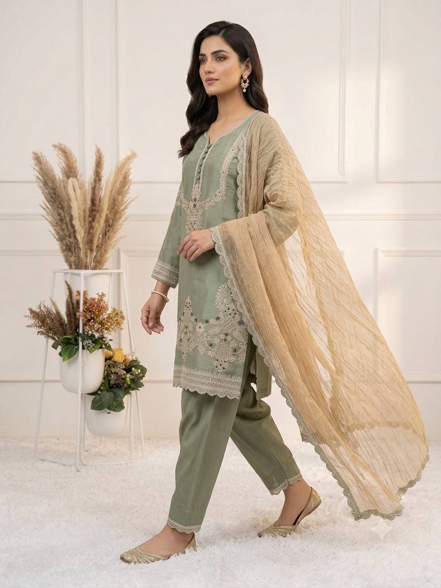 Apolyte Women's Glass Satin Embroidered Kurta Salwar Set with Dupatta | Designer Party & Wedding Wear