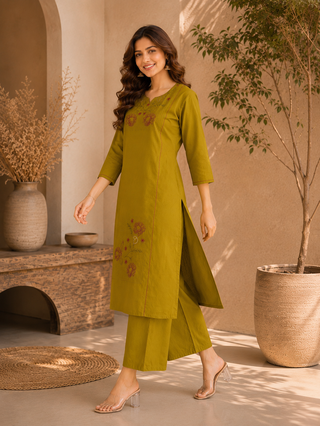 Apolyte Women's Hand Block Dhabu Print Cotton Kurta Set | Palazzo & Dupatta Ethnic Wear