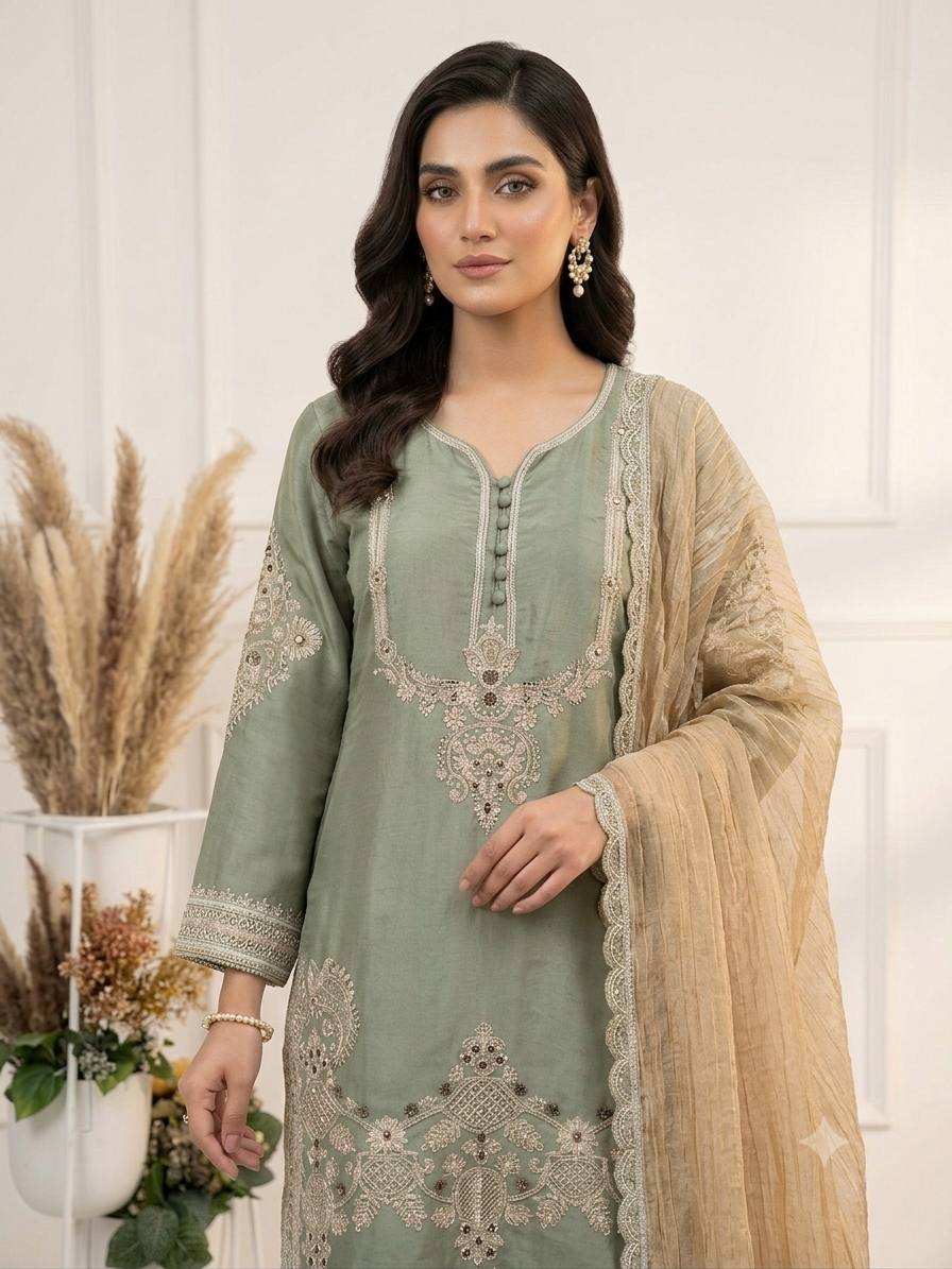 Apolyte Women's Glass Satin Embroidered Kurta Salwar Set with Dupatta | Designer Party & Wedding Wear