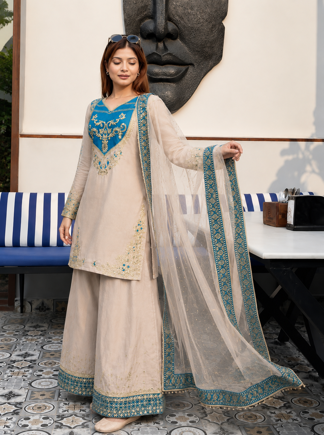 Apolyte Women's Pure Maska Cotton Embroidered Kurta Palazzo Set with Soft Net Dupatta | Pakistani Festive & Party Wear