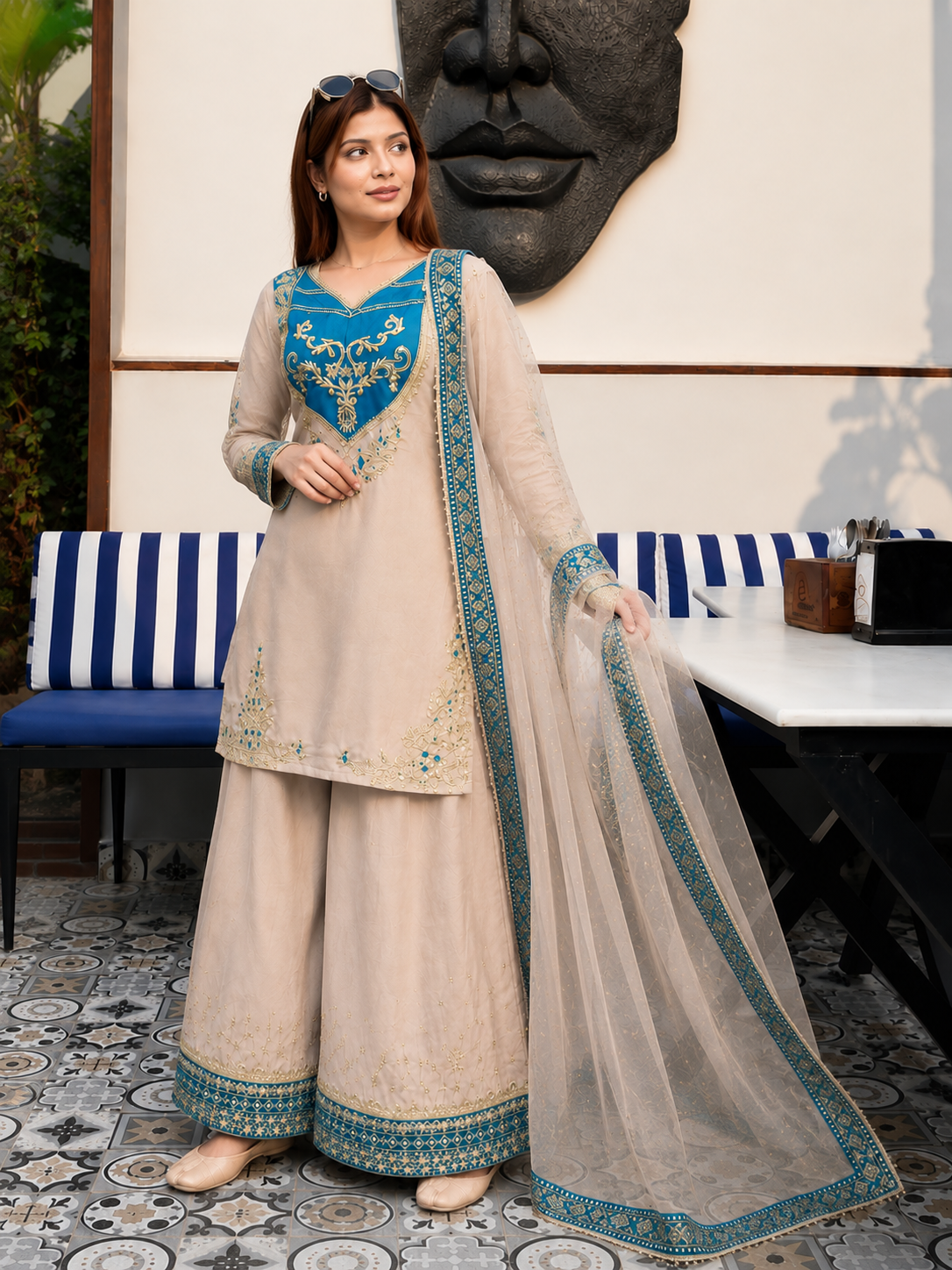 Apolyte Women's Pure Maska Cotton Embroidered Kurta Palazzo Set with Soft Net Dupatta | Pakistani Festive & Party Wear