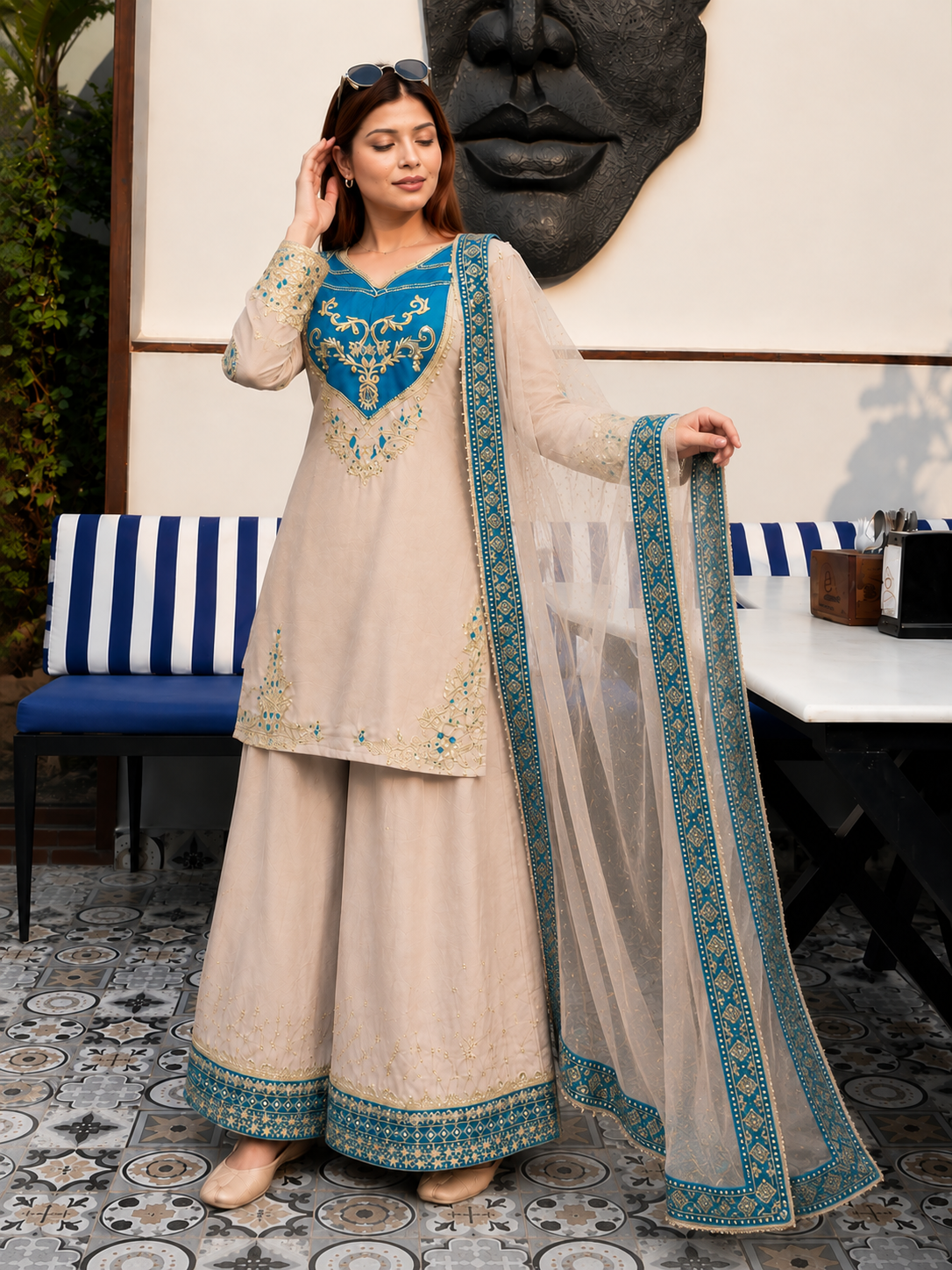 Apolyte Women's Pure Maska Cotton Embroidered Kurta Palazzo Set with Soft Net Dupatta | Pakistani Festive & Party Wear