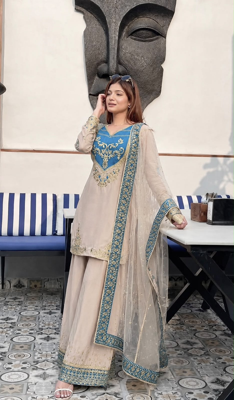 Apolyte Women's Pure Maska Cotton Embroidered Kurta Palazzo Set with Soft Net Dupatta | Pakistani Festive & Party Wear