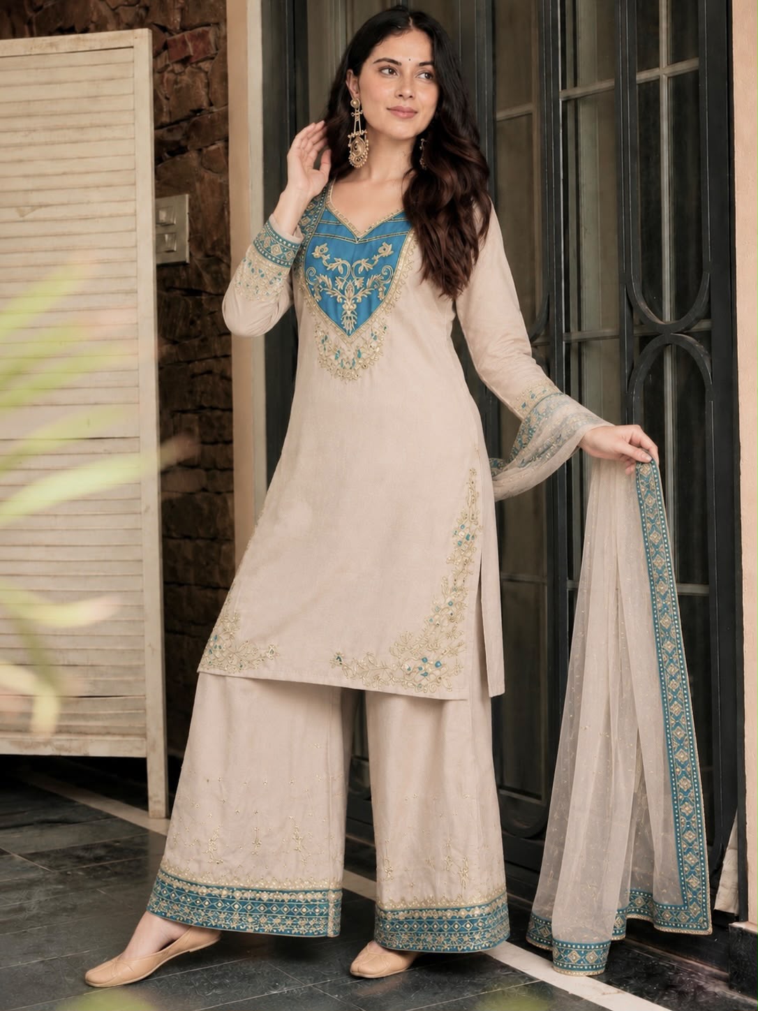 Apolyte Women's Pure Maska Cotton Embroidered Kurta Palazzo Set with Soft Net Dupatta | Pakistani Festive & Party Wear