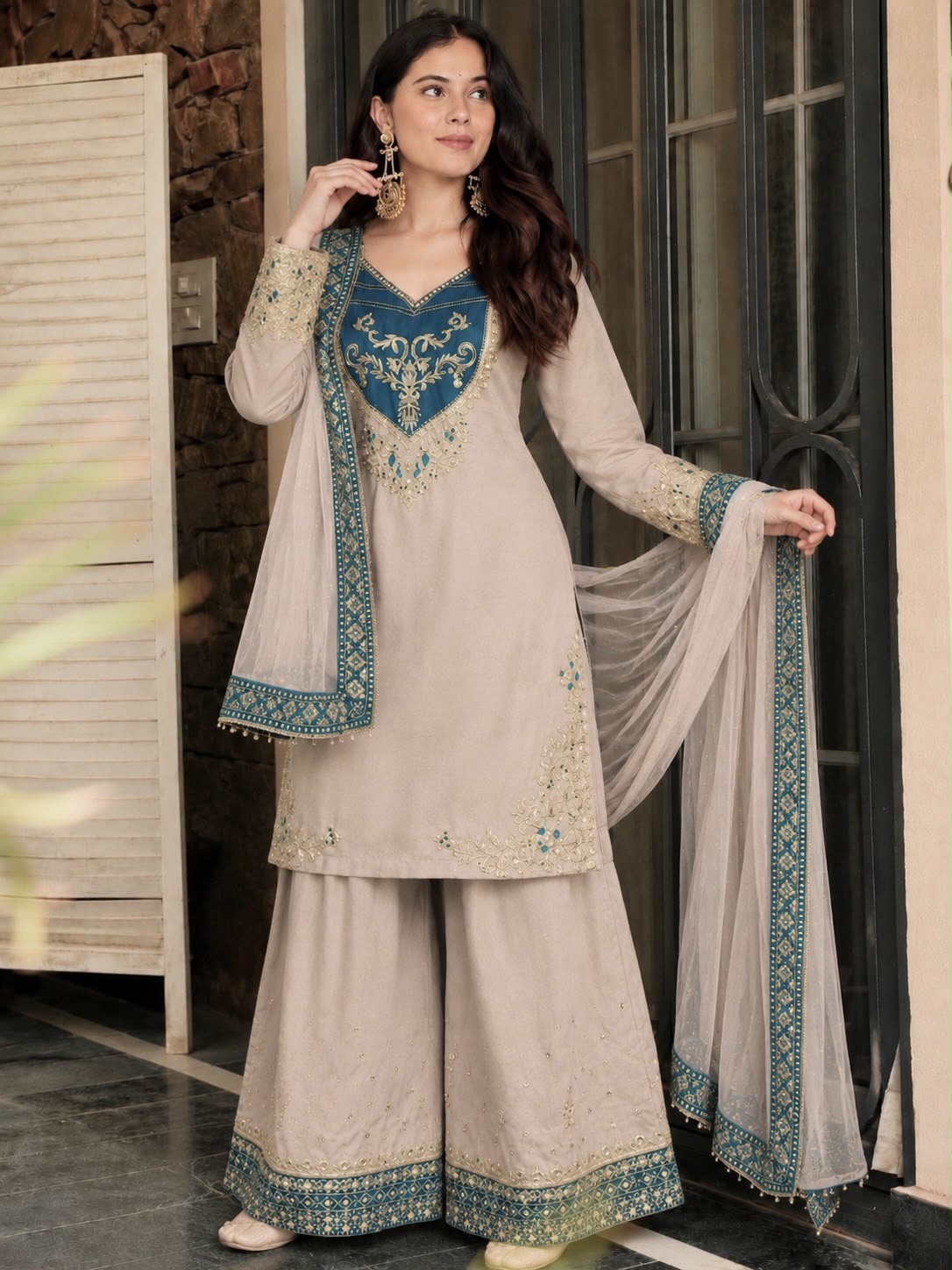 Apolyte Women's Pure Maska Cotton Embroidered Kurta Palazzo Set with Soft Net Dupatta | Pakistani Festive & Party Wear