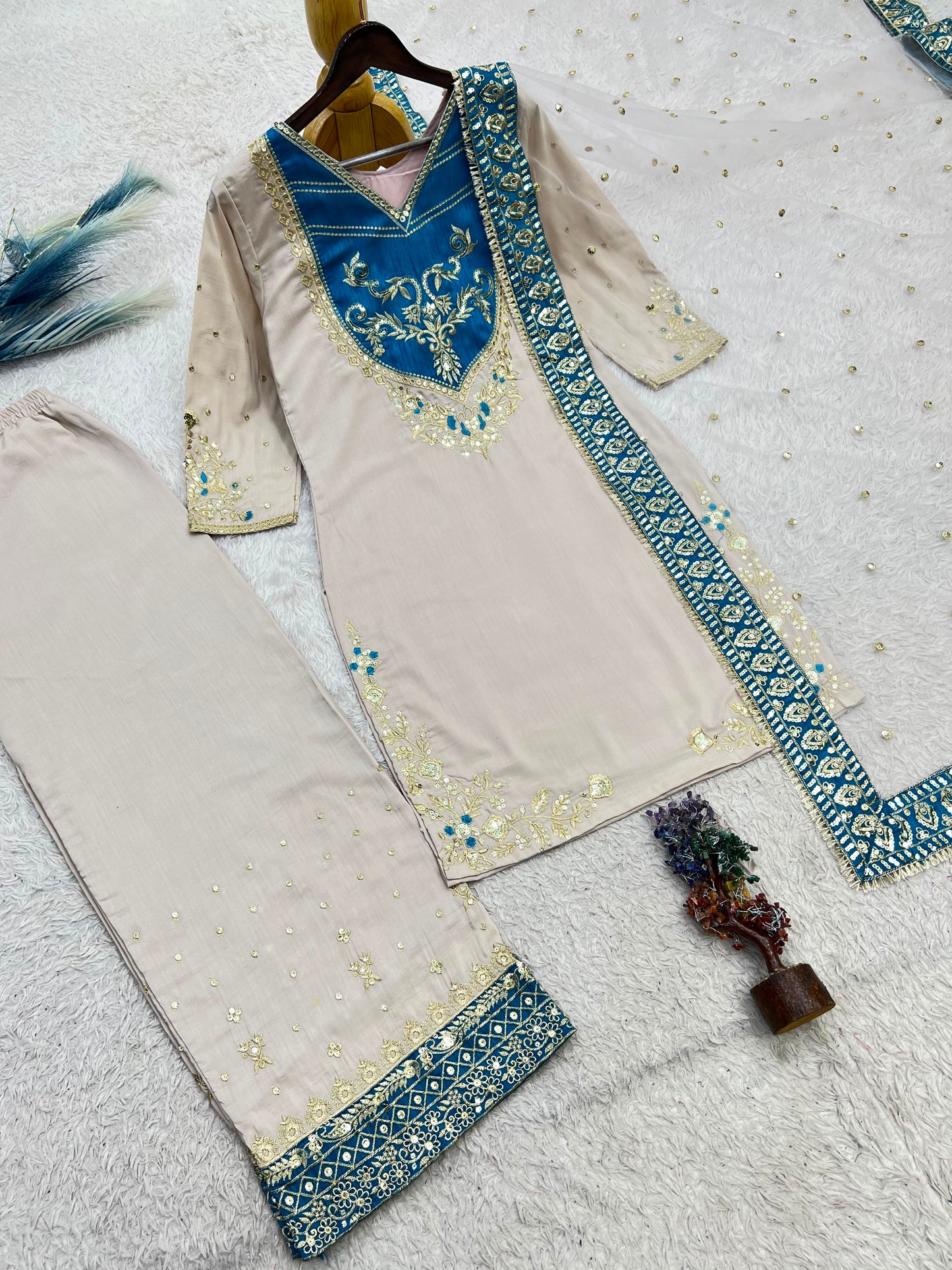 Apolyte Women's Pure Maska Cotton Embroidered Kurta Palazzo Set with Soft Net Dupatta | Pakistani Festive & Party Wear