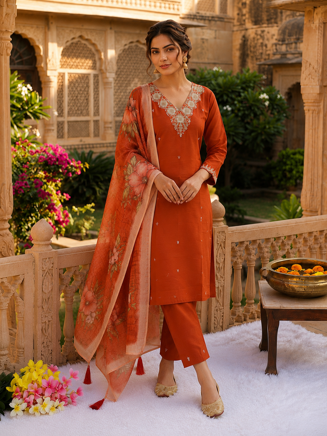 Apolyte Women's Rust Roman Silk Embroidered Kurta Pant Set with Chanderi Dupatta | Party & Festive Wear