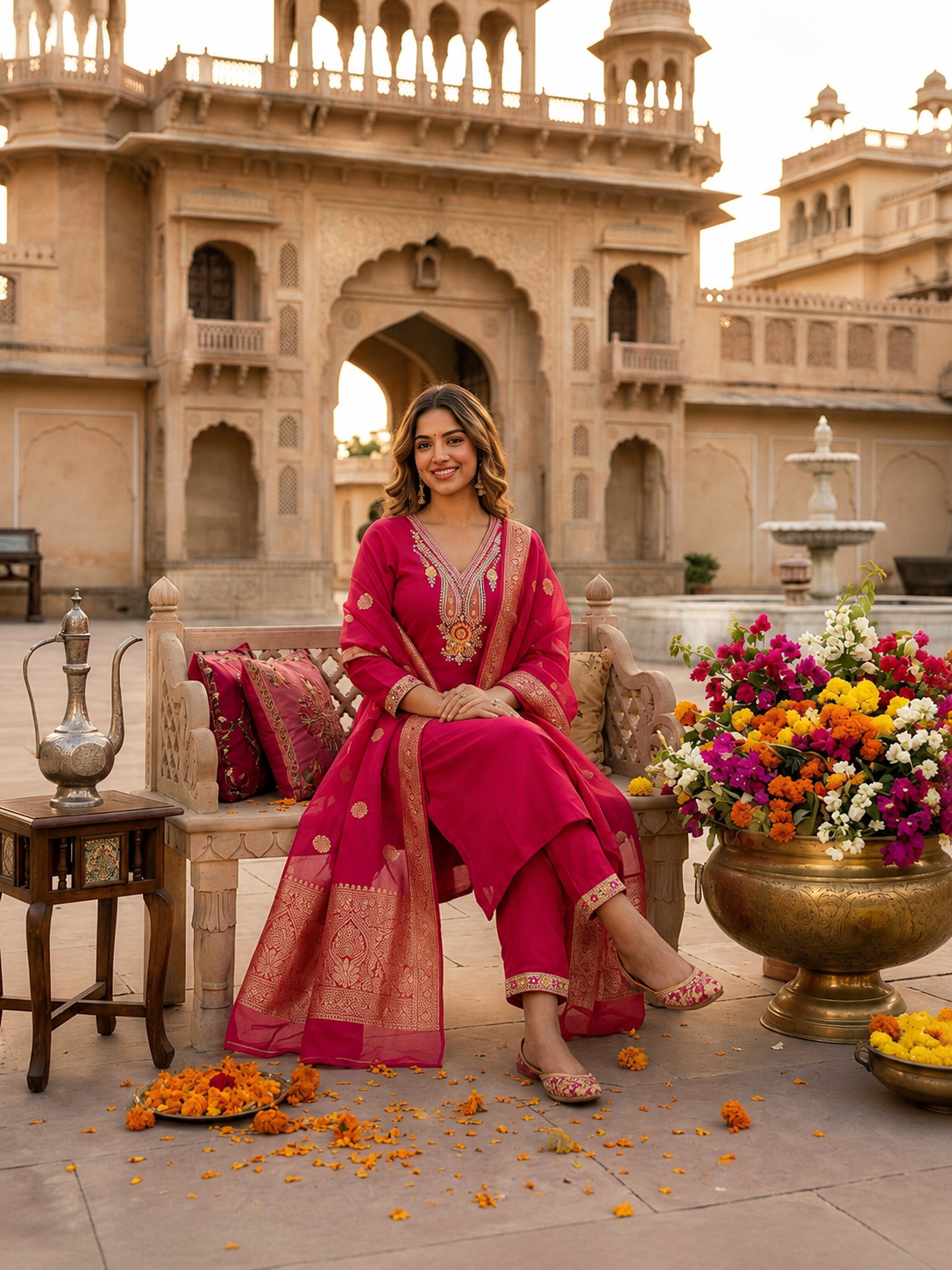 Apolyte Women's Rani Pink Roman Silk Embroidered Kurta Pant Set with Cotton Silk Zari Dupatta | Party & Festive Wear