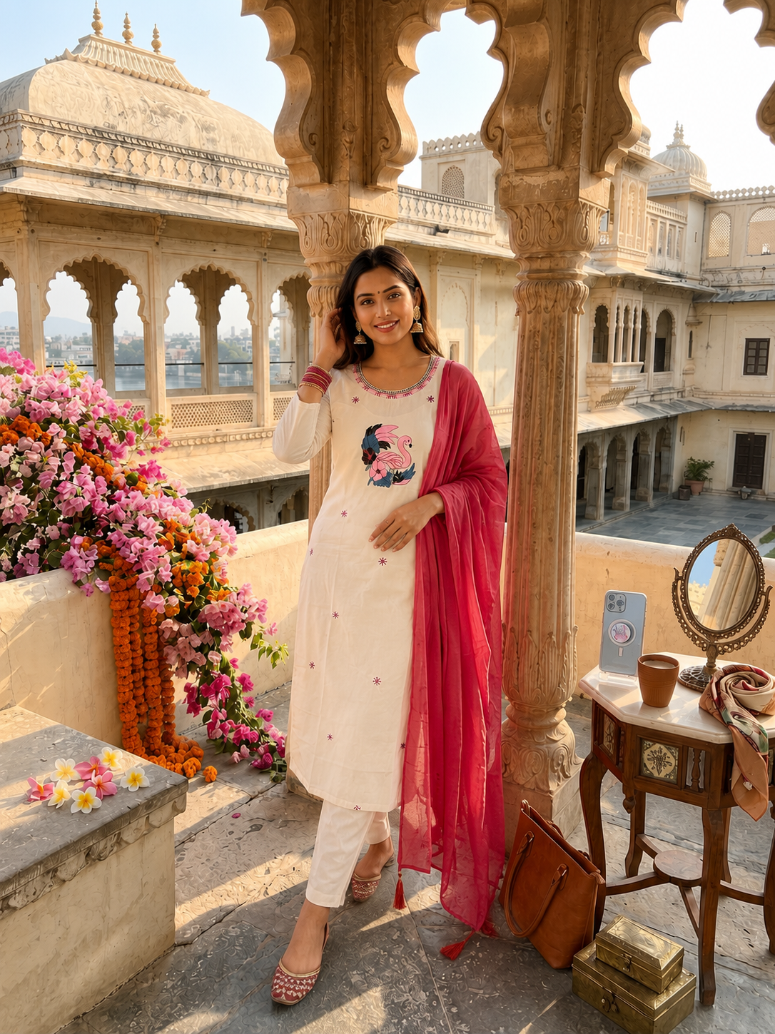 Apolyte Women's Khadi Cotton Embroidered Kurta Pant Set with Chiffon Dupatta | Casual, Office & Festive Wear