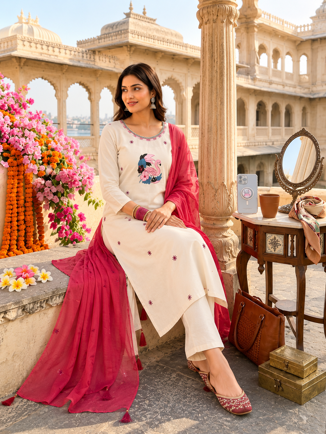 Apolyte Women's Khadi Cotton Embroidered Kurta Pant Set with Chiffon Dupatta | Casual, Office & Festive Wear