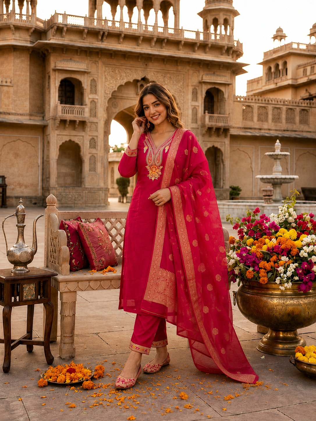 Apolyte Women's Rani Pink Roman Silk Embroidered Kurta Pant Set with Cotton Silk Zari Dupatta | Party & Festive Wear