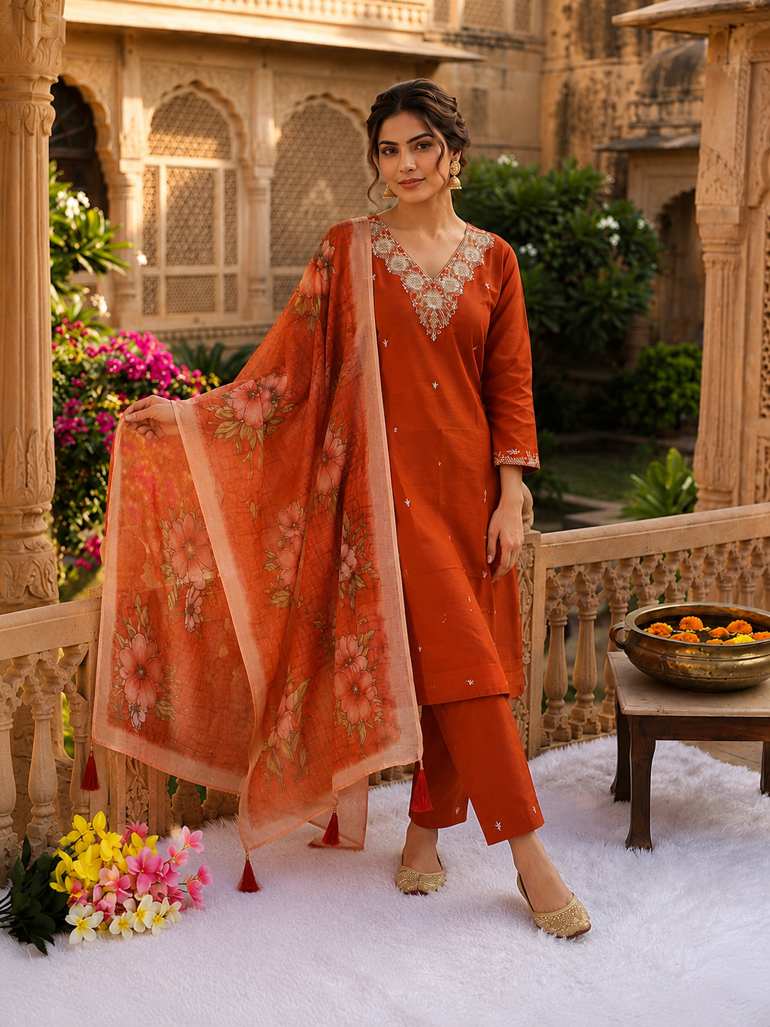 Apolyte Women's Rust Roman Silk Embroidered Kurta Pant Set with Chanderi Dupatta | Party & Festive Wear