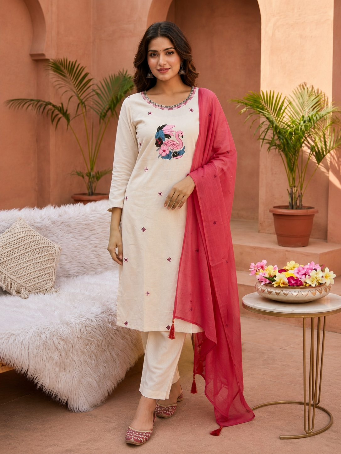 Apolyte Women's Khadi Cotton Embroidered Kurta Pant Set with Chiffon Dupatta | Casual, Office & Festive Wear