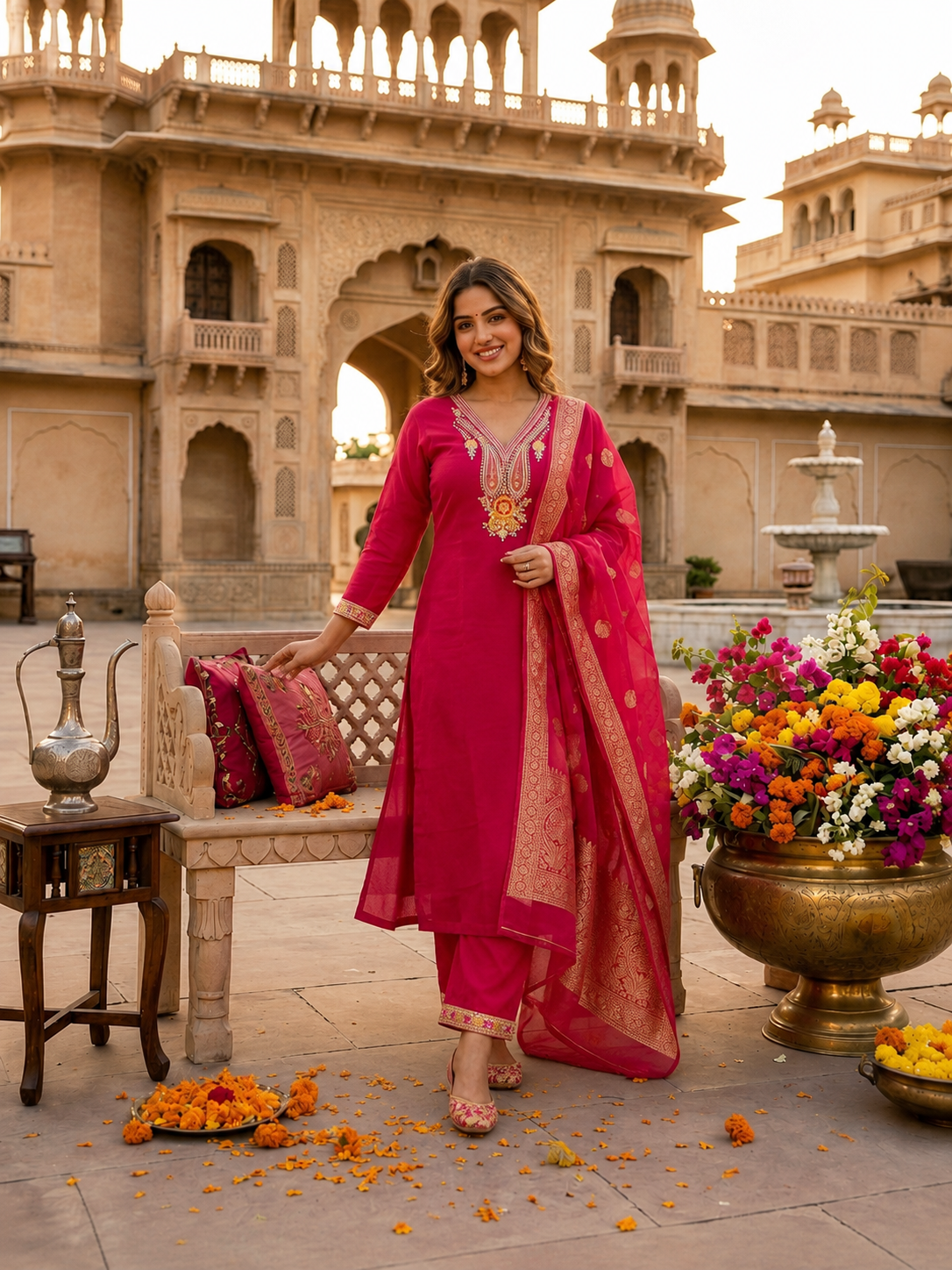 Apolyte Women's Rani Pink Roman Silk Embroidered Kurta Pant Set with Cotton Silk Zari Dupatta | Party & Festive Wear