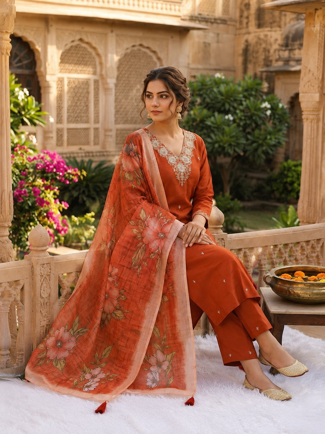 Apolyte Women's Rust Roman Silk Embroidered Kurta Pant Set with Chanderi Dupatta | Party & Festive Wear